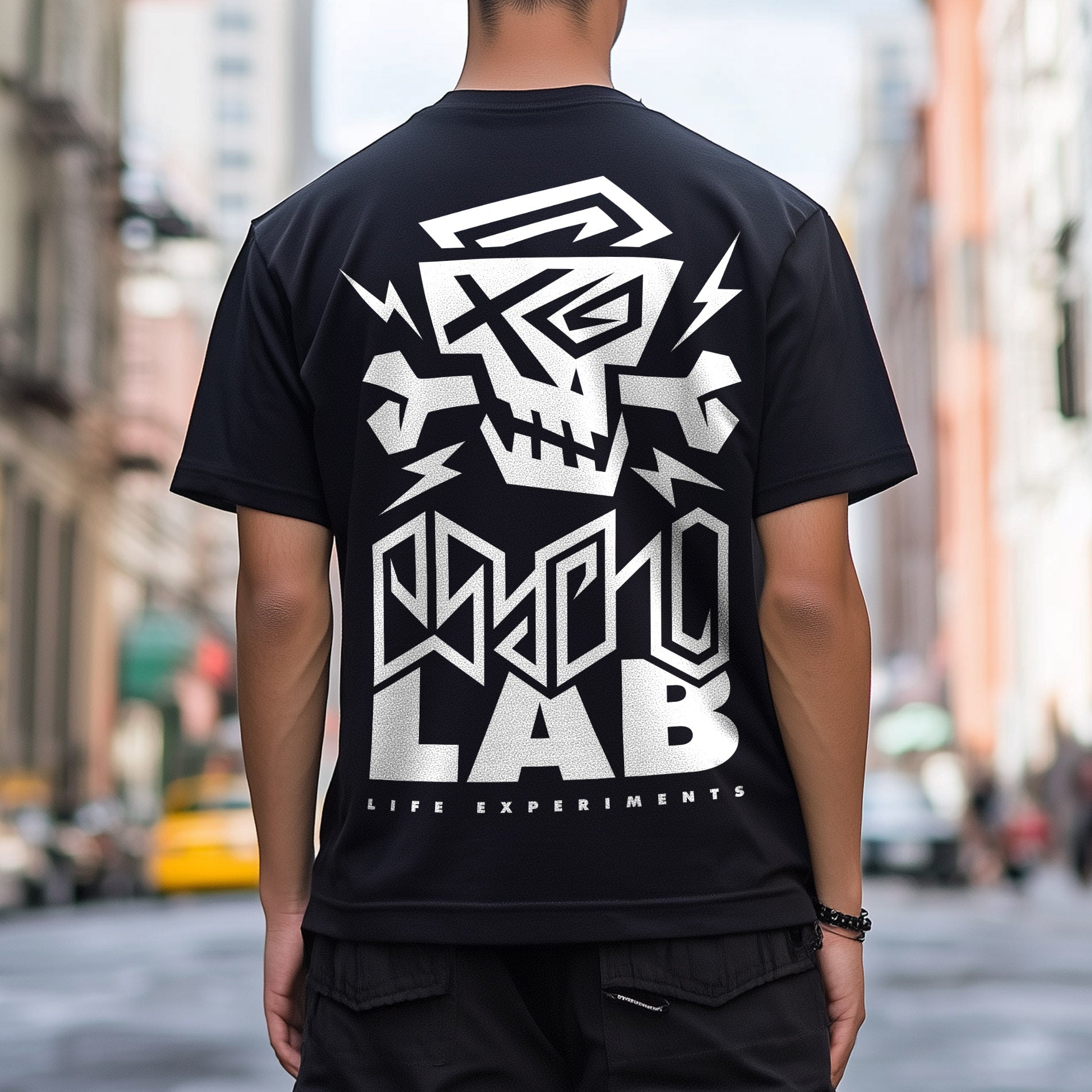 Rückansicht des T-Shirts Back Logo Black von PsychoLab mit großem, auffälligem Logoprint auf der Rückseite, ideal für urbane Mode.