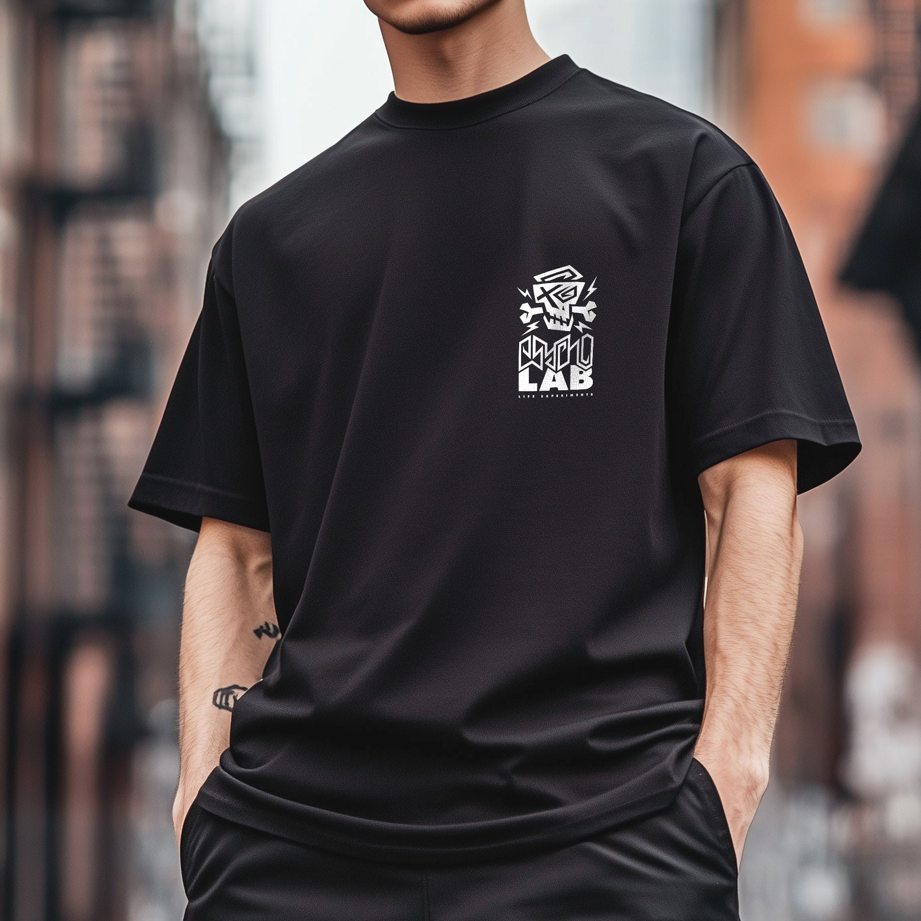 Vorderansicht des T-Shirts Back Logo Black von PsychoLab, präsentiert in minimalistischem Design mit kleinem Logo auf der Brust.