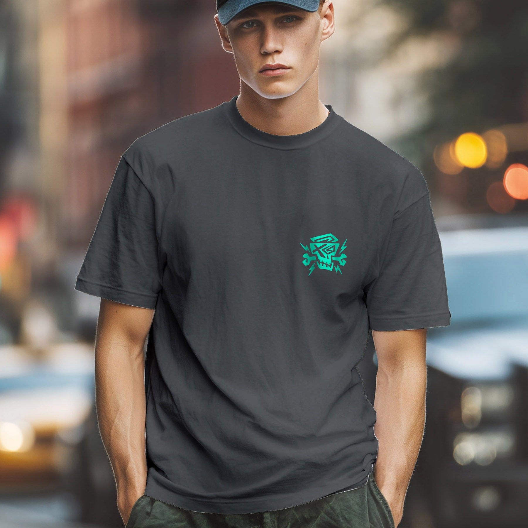 Ein junges Modell trägt das anthrazitfarbene Member T-Shirt von PsychoLab mit minimalistischem Design und dezentem Logo auf der Brust. Das perfekte Shirt für einen lässigen, urbanen Look und ein Statement für die PsychoLab-Gemeinschaft.