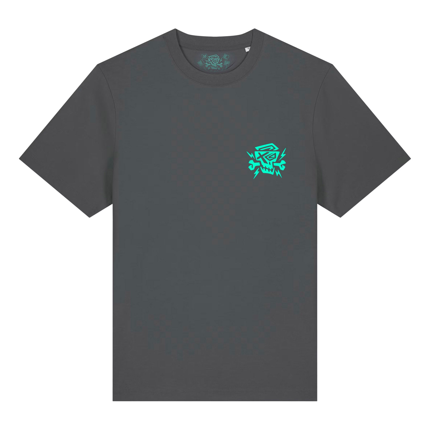 Das anthrazitfarbene Vorderansicht des Member T-Shirts von PsychoLab, das ein einzigartiges und kreatives Logo in Türkis präsentiert. Perfekt für den lässigen Alltag oder als Teil der PsychoLab-Community.
