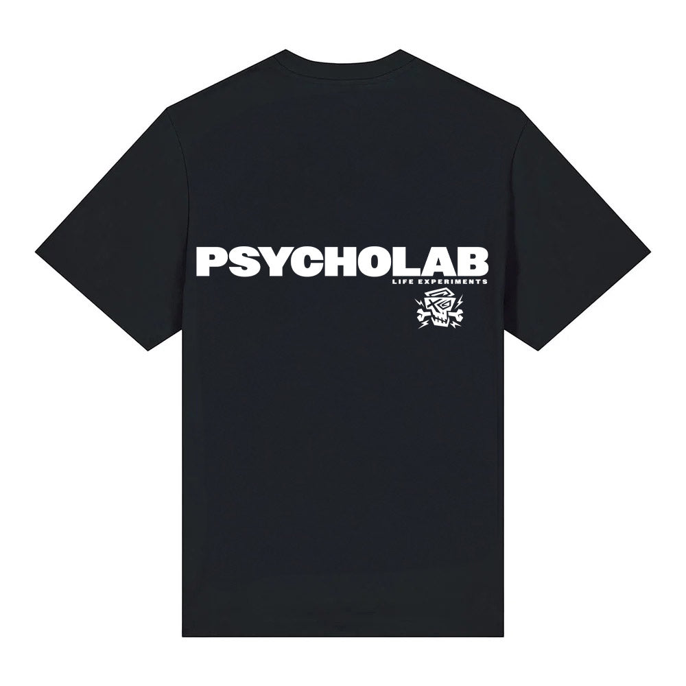 Rückansicht des Black T-Shirts von PsychoLab mit großem Logo, perfekt für lässige Outfits, psycholab