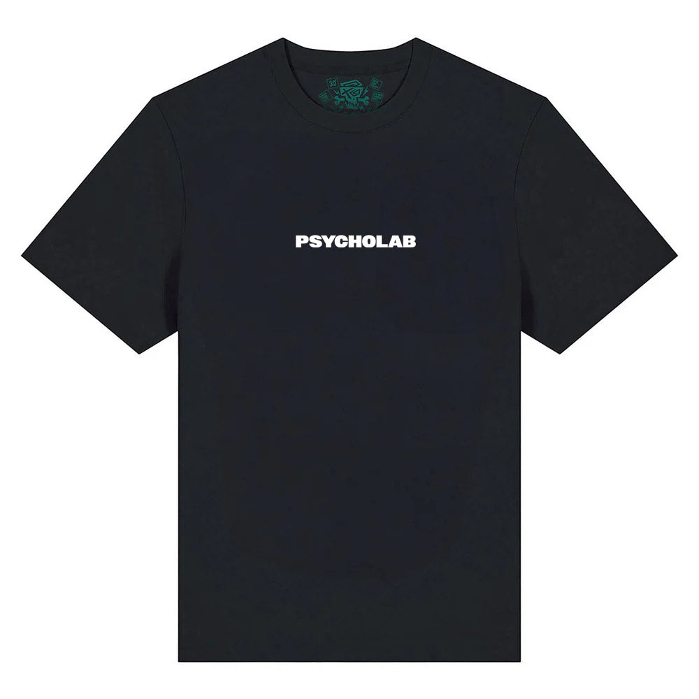 Vorderansicht des Black T-Shirts von PsychoLab mit minimalistischen Design, ideal für Individualisten, psycholab