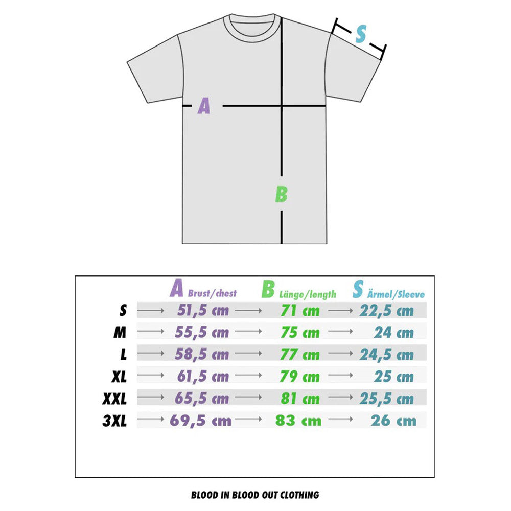 Größentabelle für das Tag T-Shirt Black von PsychoLab, illustriert die Maße für verschiedene Größen zur perfekten Passform.