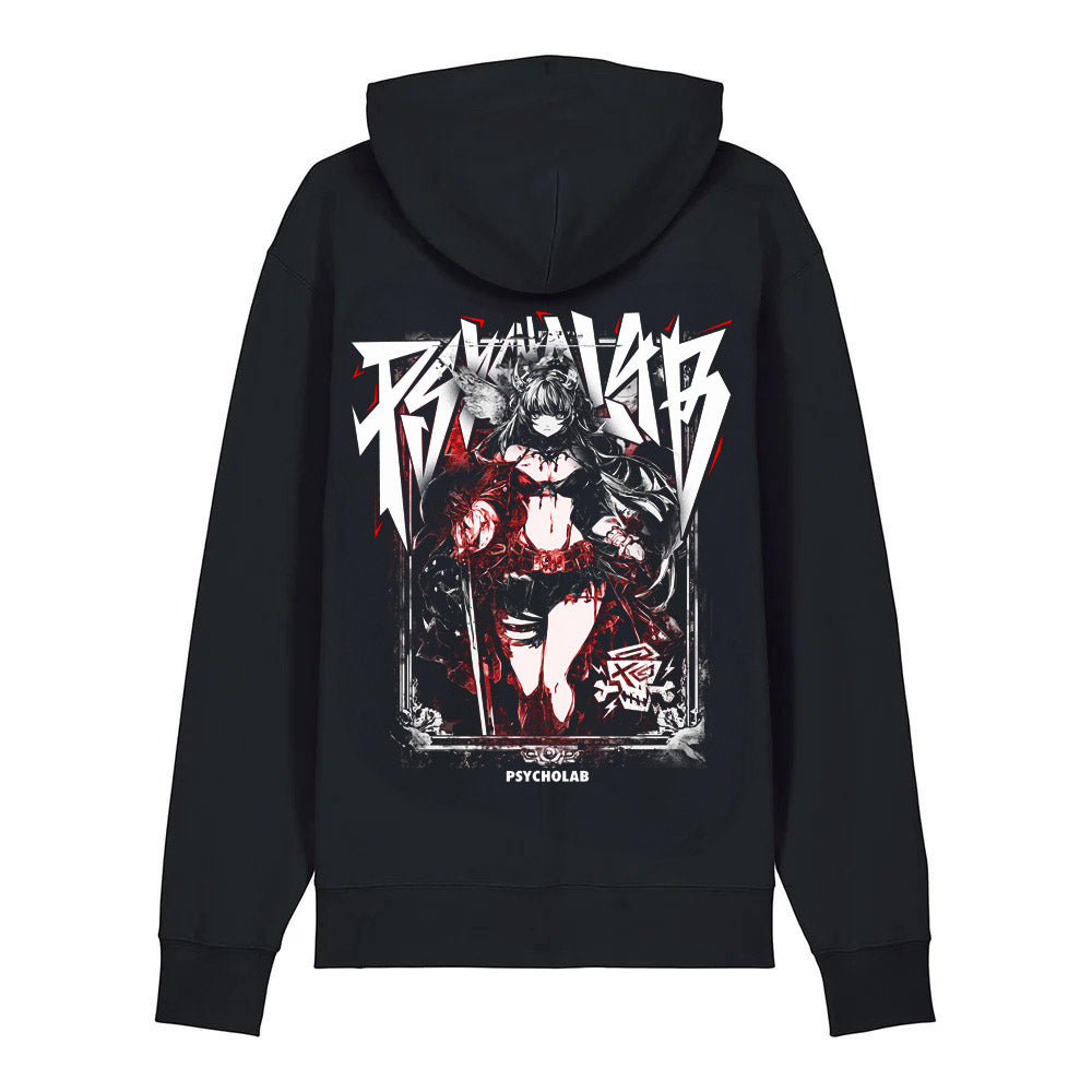 Hoodie Slay von PsychoLab in einer Ansicht von hinten, präsentiert das markante Design mit dem Logo von PsychoLab auf schwarzem Hintergrund.