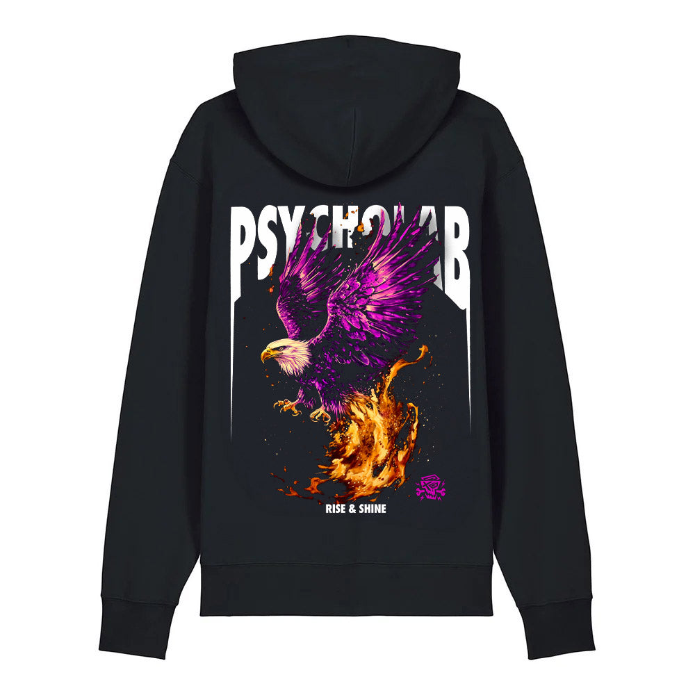 Frontansicht des Hoodie Phoenix Black von PsychoLab mit einem auffälligen Phönix-Design und dem Text 'RISE & SHINE', der den urbanen Stil unterstreicht.