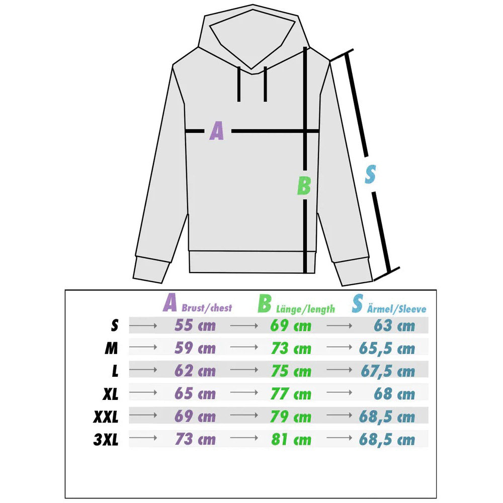 Größentabelle für den Hoodie Panda Black von PsychoLab, zeigt Details zu Brust, Länge und Arm Länge für optimale Passform.