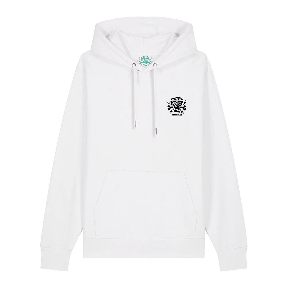 Ein stilvoller Hoodie Freak White von PsychoLab, featuring ein schwarzes, kreatives Motiv auf der linken Brustseite; dieser Hoodie verbindet Komfort mit einem coolen, urbanen Look.