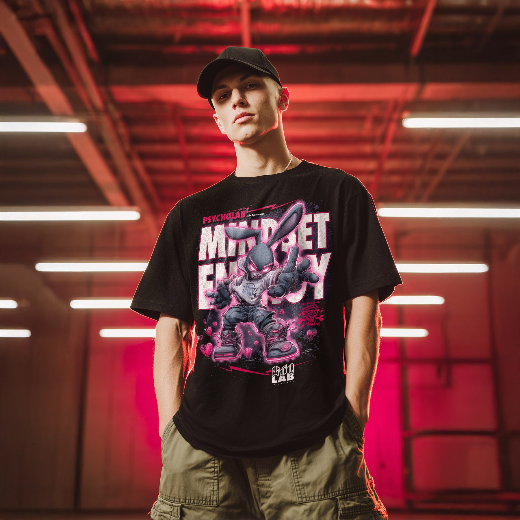 Rab Bit Streetwear T-Shirt Black – Neon Graffiti Statement