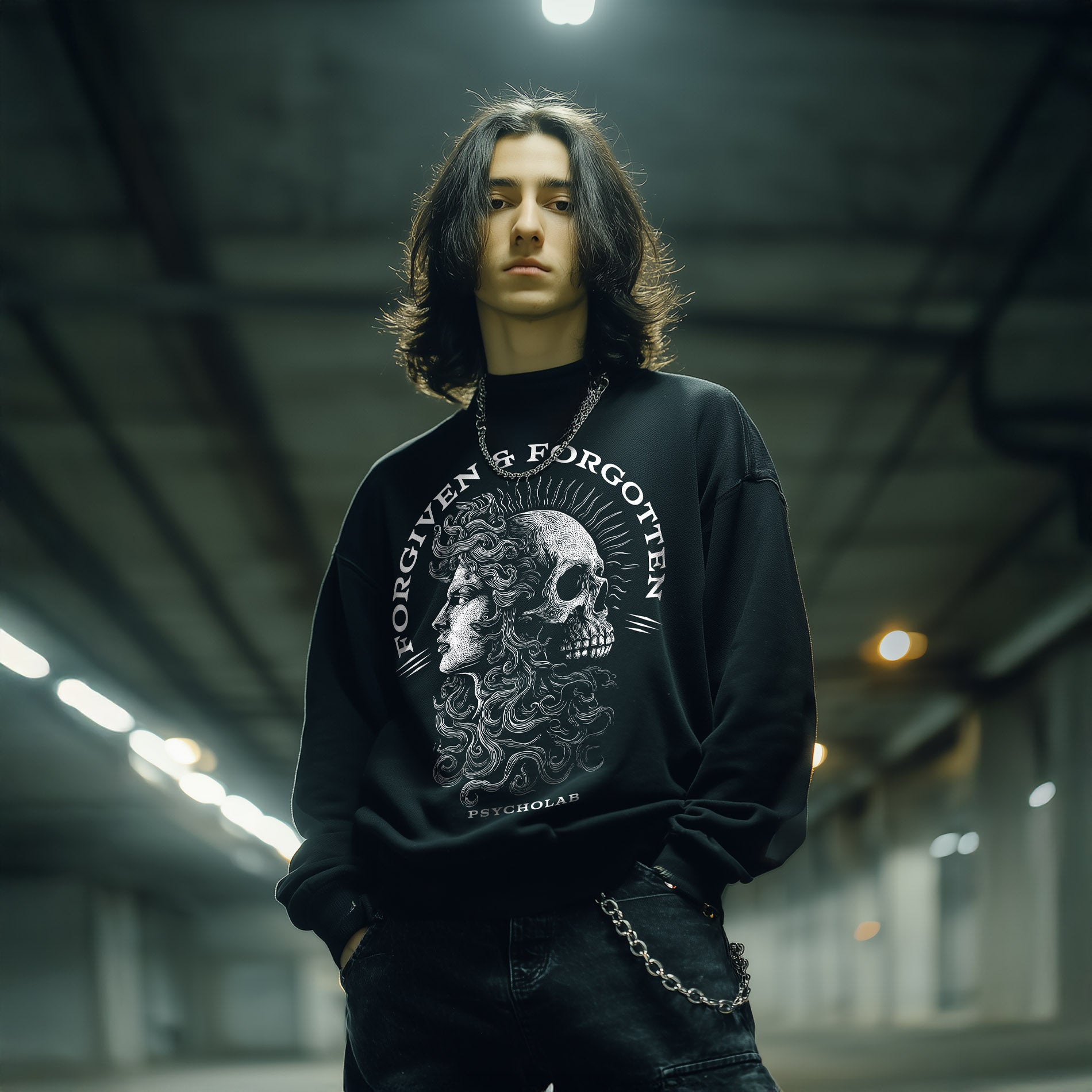 Forgiven Sweatshirt Black – Skull & Woman Dark-Art Statement