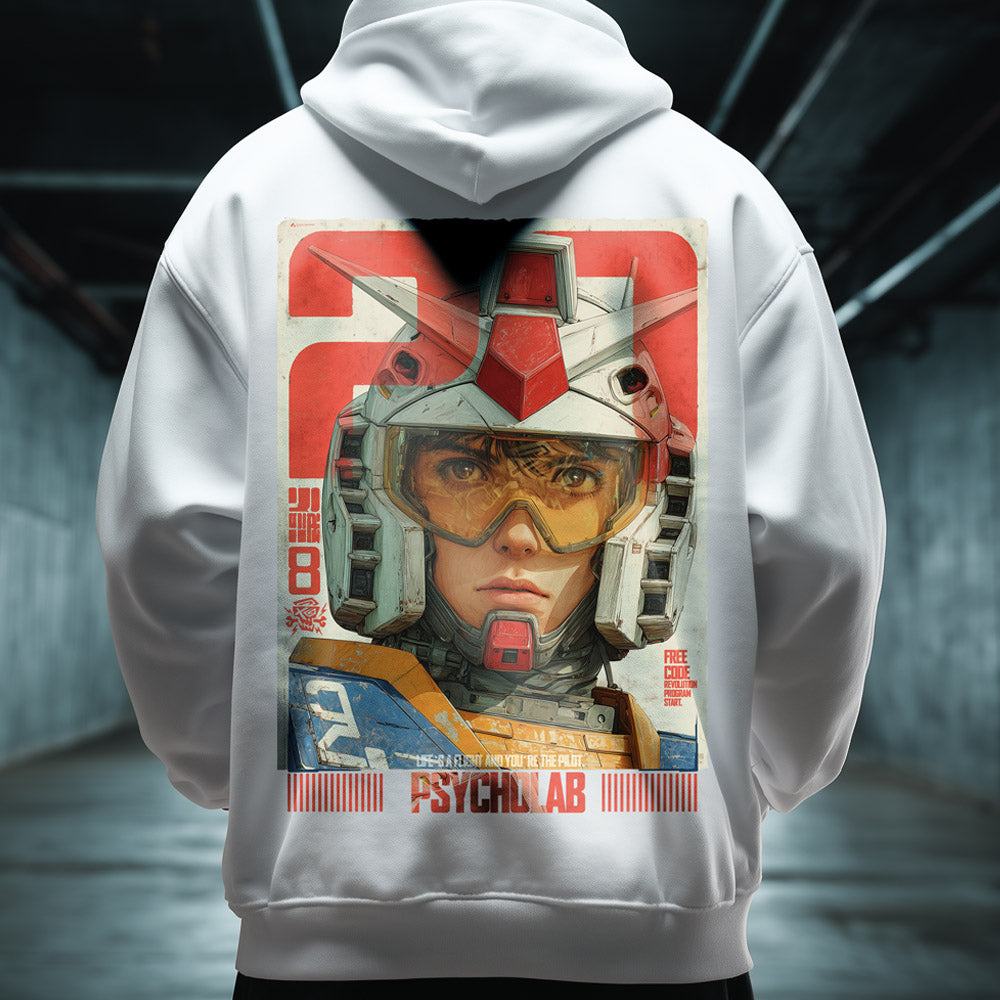 Pilot Hoodie White – Anime Streetwear mit Mecha-Vibe