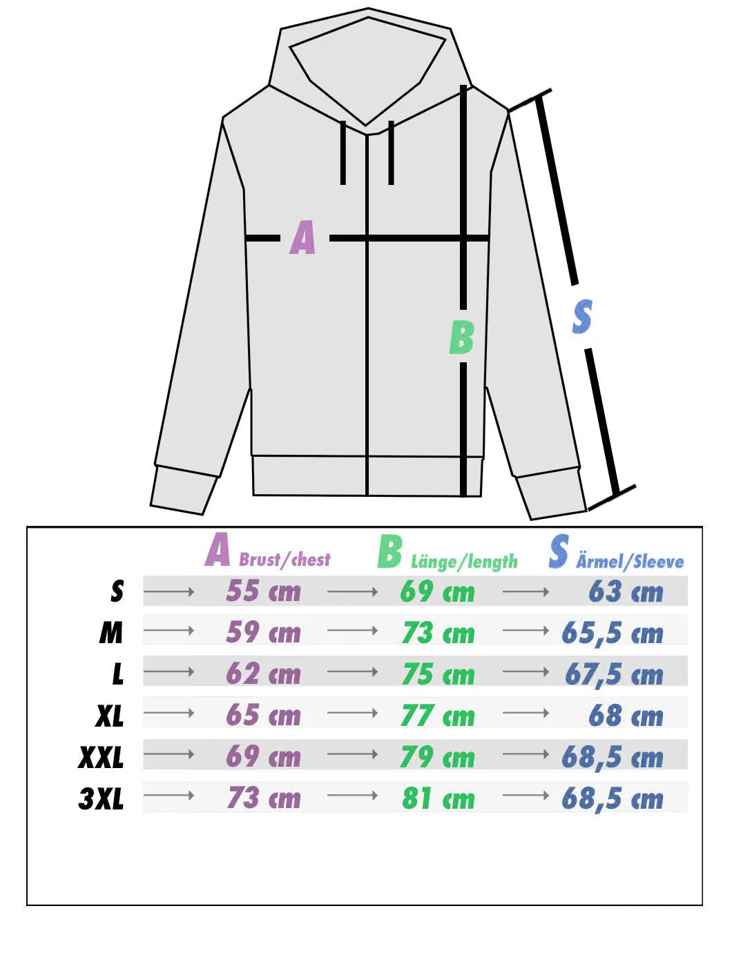 Größentabelle für den Zip Hoodie Academy Blue von PsychoLab, Übersicht der Maße für optimale Passform.