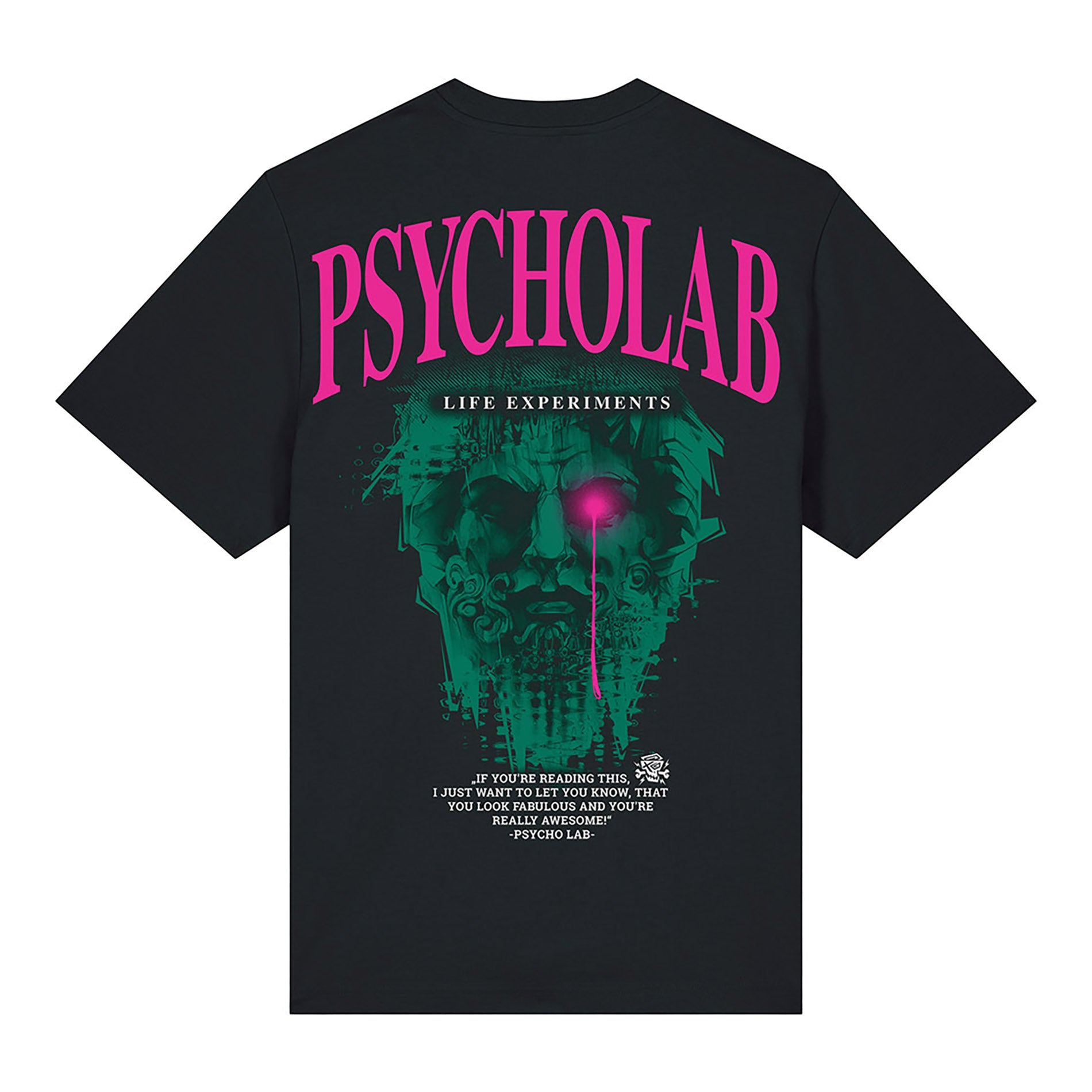 PsychoLab T-Shirt Knowledge Schwarz Rückseite mit großem grün-pinkem Grafikdesign