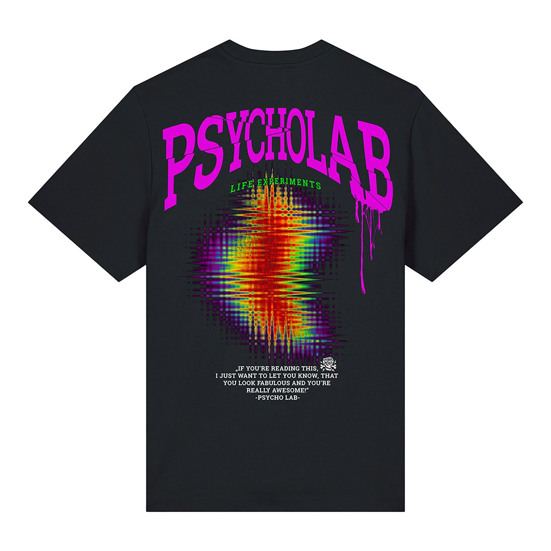 PsychoLab T-Shirt Zone Schwarz Rückseite mit großem psychedelischen Print und pinkem Schriftzug