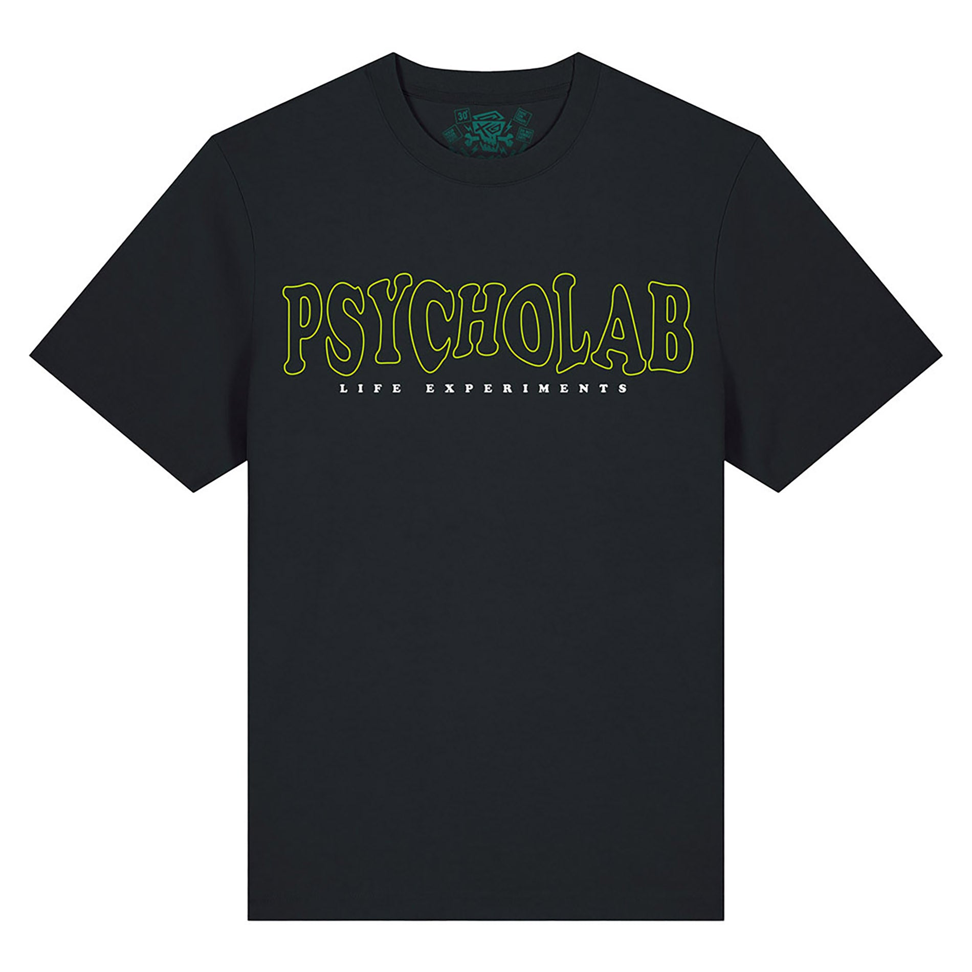 Schwarzes PsychoLab T-Shirt Vorderansicht mit grünem Logo – urbaner Streetwear-Look