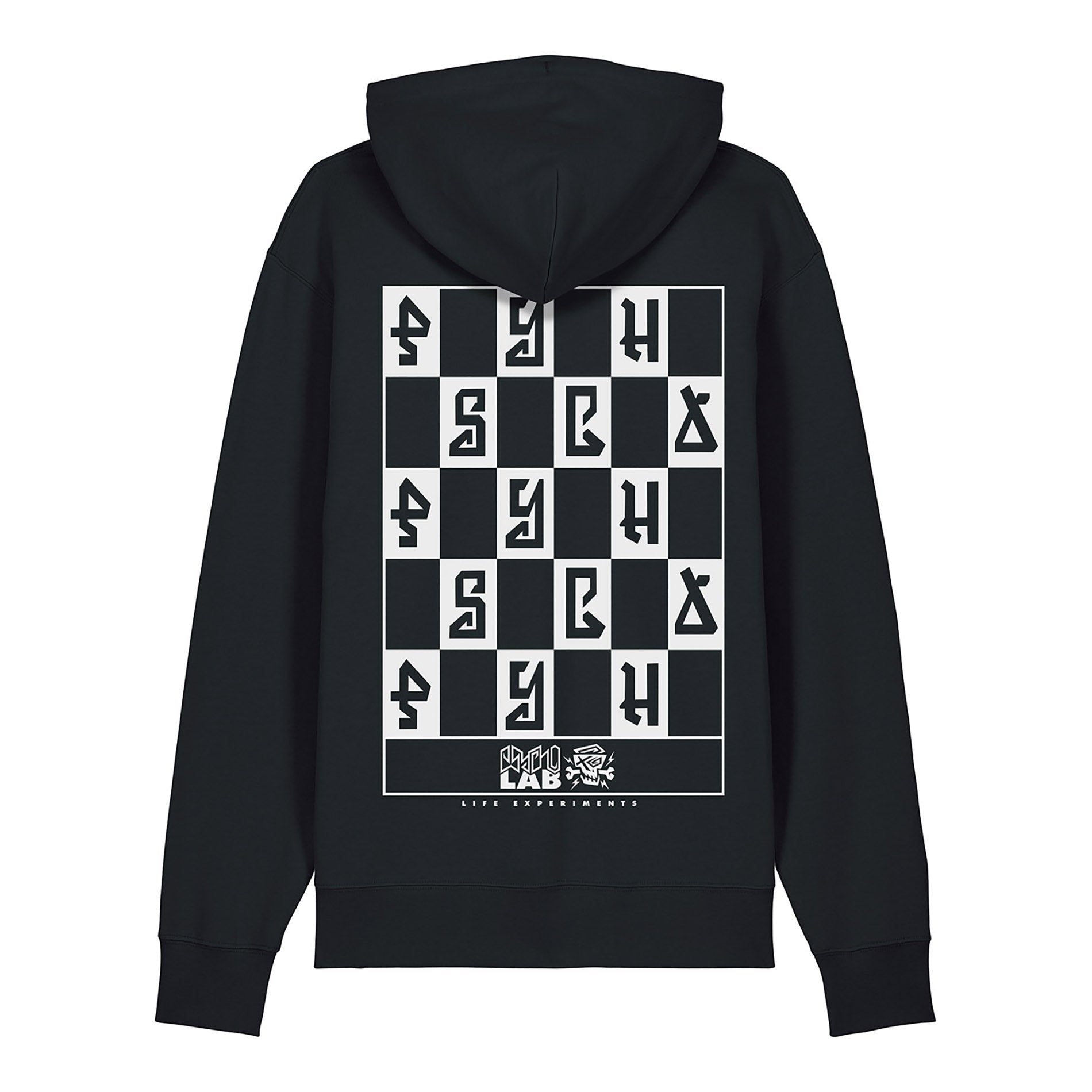 PsychoLab Zip Hoodie Mindset Schwarz mit Schachmuster und großem Schriftzug hinten