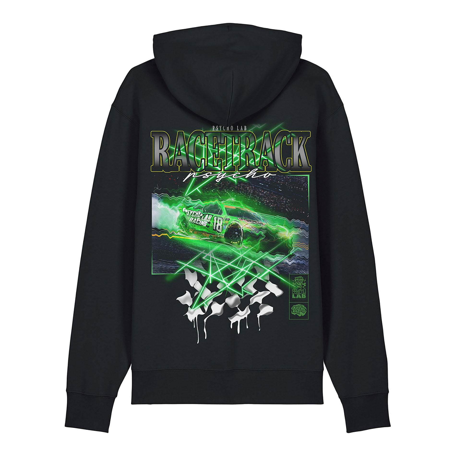 Rückseite des PsychoLab Zip Hoodies mit Rennstrecken-Design in leuchtendem Grün