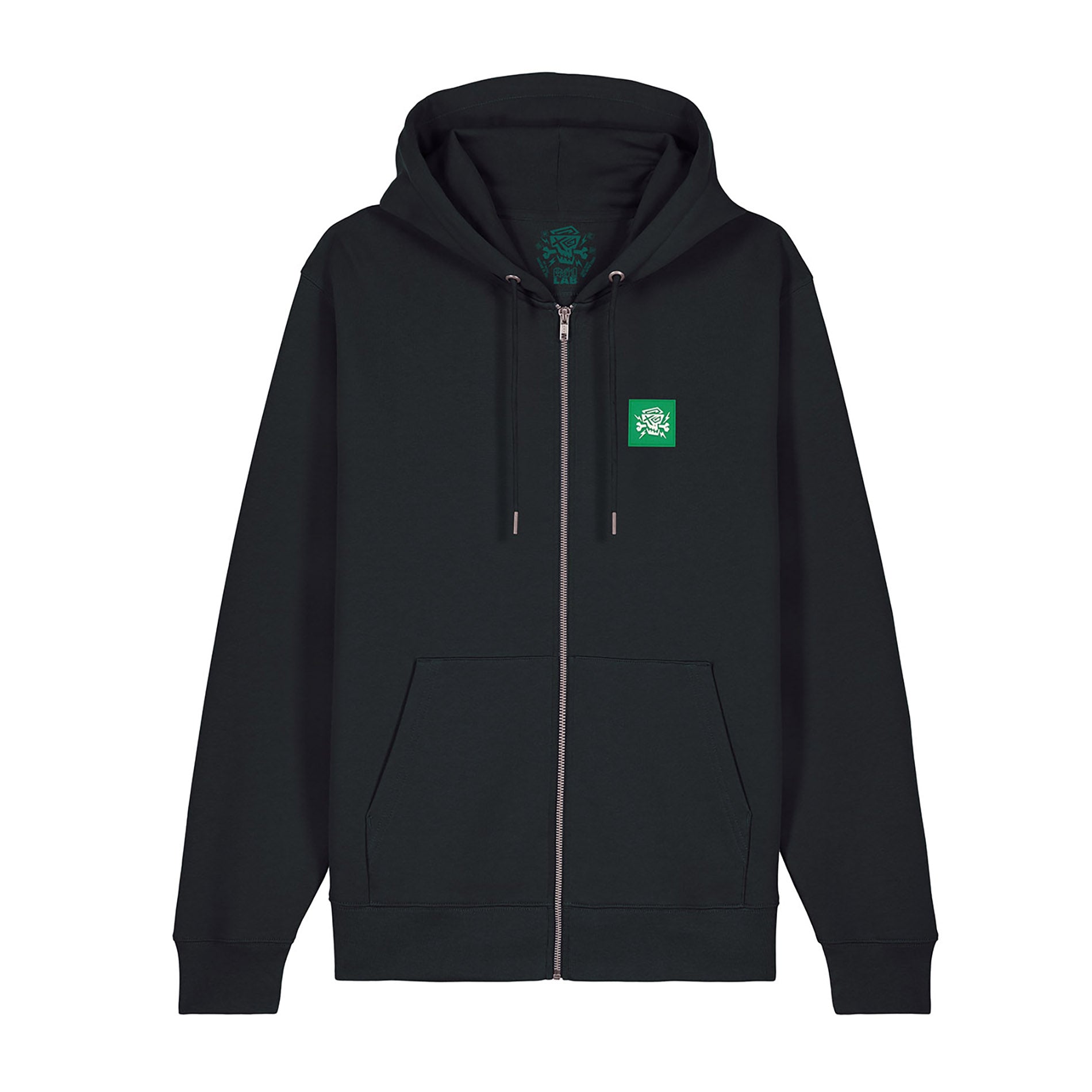 sychoLab Zip Hoodie in Schwarz mit grünem Logo auf der Vorderseite