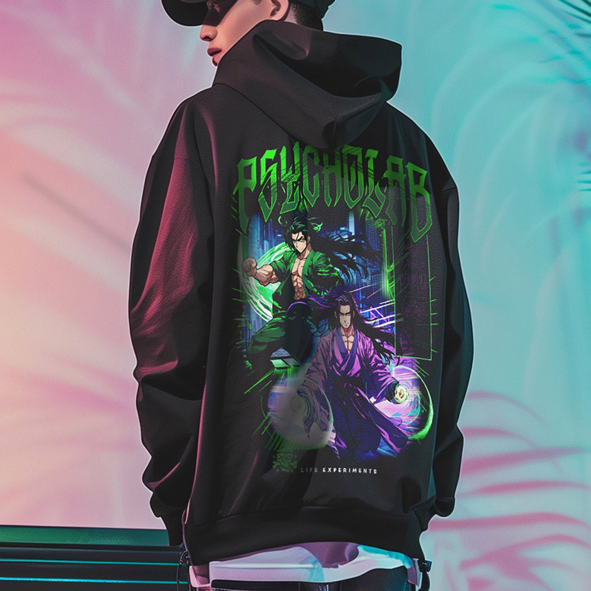 Detailaufnahme des Anime-inspirierten Drucks auf der Rückseite des Zip Hoodie Legacy von PsychoLab