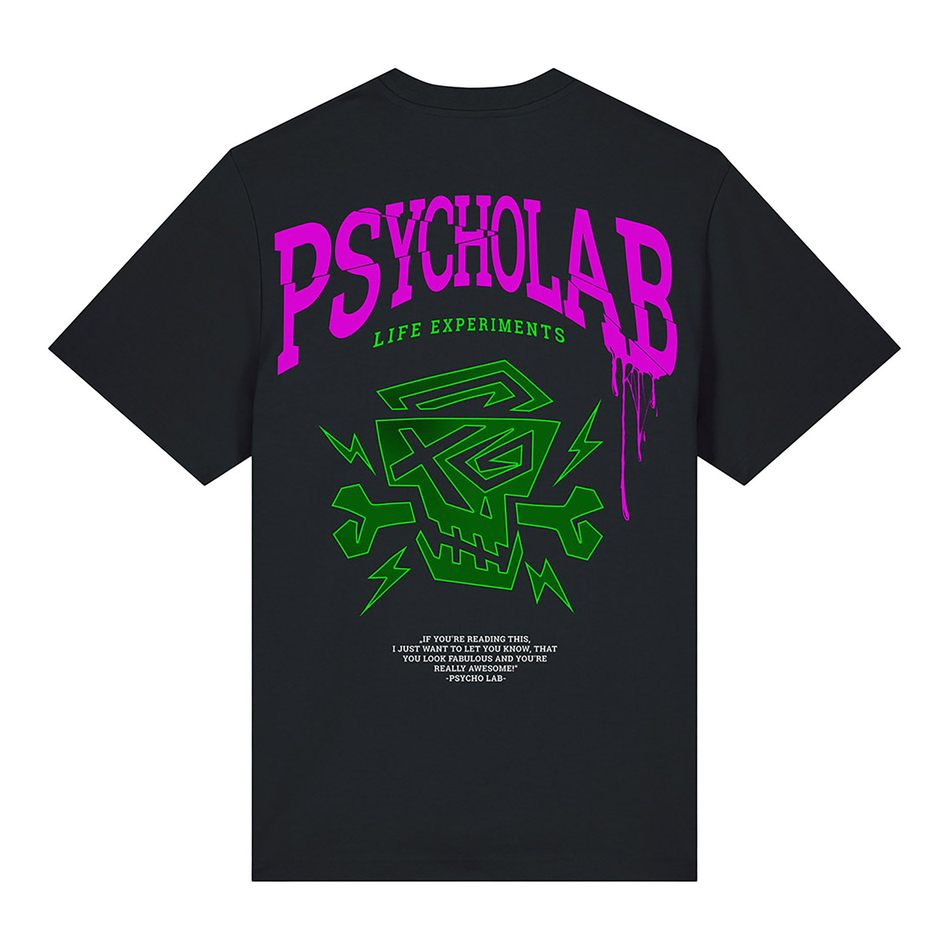 PsychoLab T-Shirt Experiments Schwarz Rückseite mit großem grünen Logo und pinkem Schriftzug