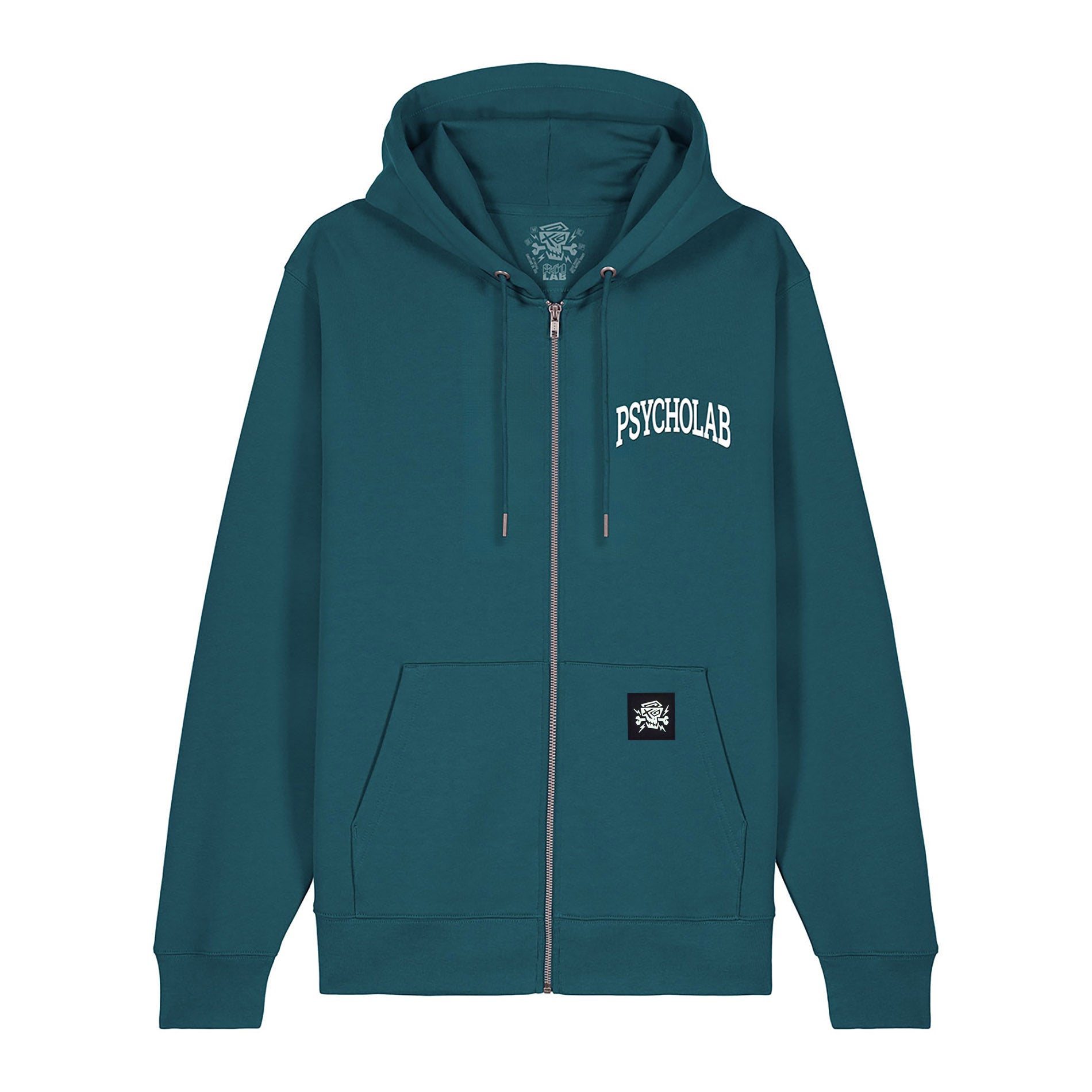 PsychoLab Zip Hoodie Academy grün mit PsychoLab-Logo und Reißverschluss, Streetwear.