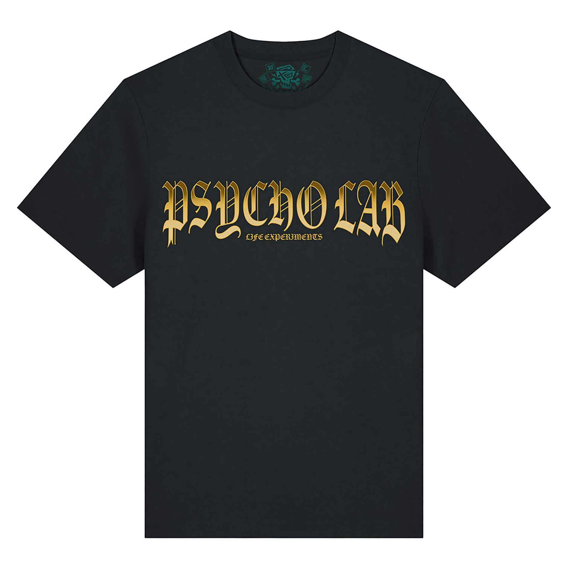 PsychoLab T-Shirt Galaxy Schwarz Vorderseite mit goldenem Schriftzug