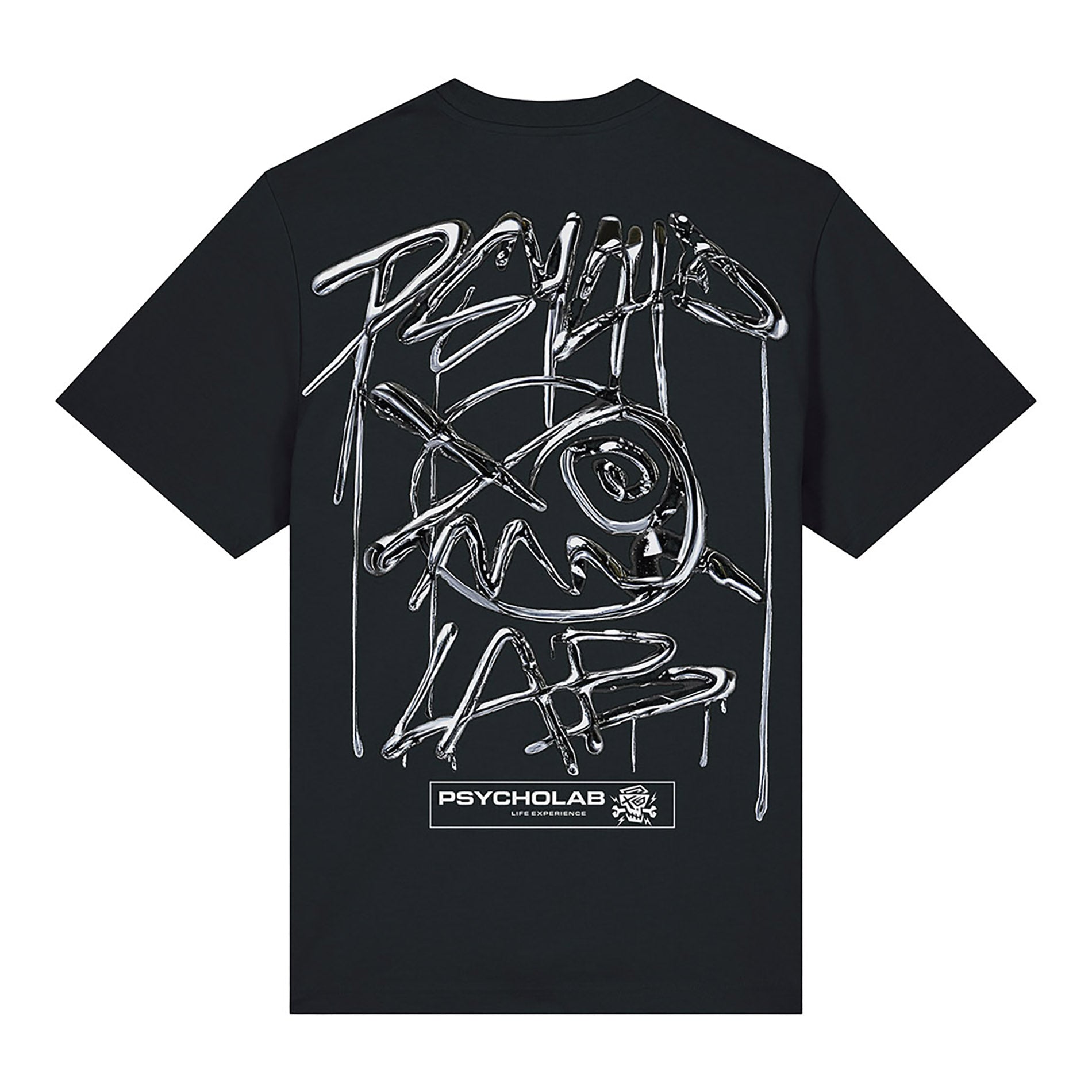 PsychoLab T-Shirt Chrome Black Rückseite mit großem Logo und glänzendem Chrome-Design