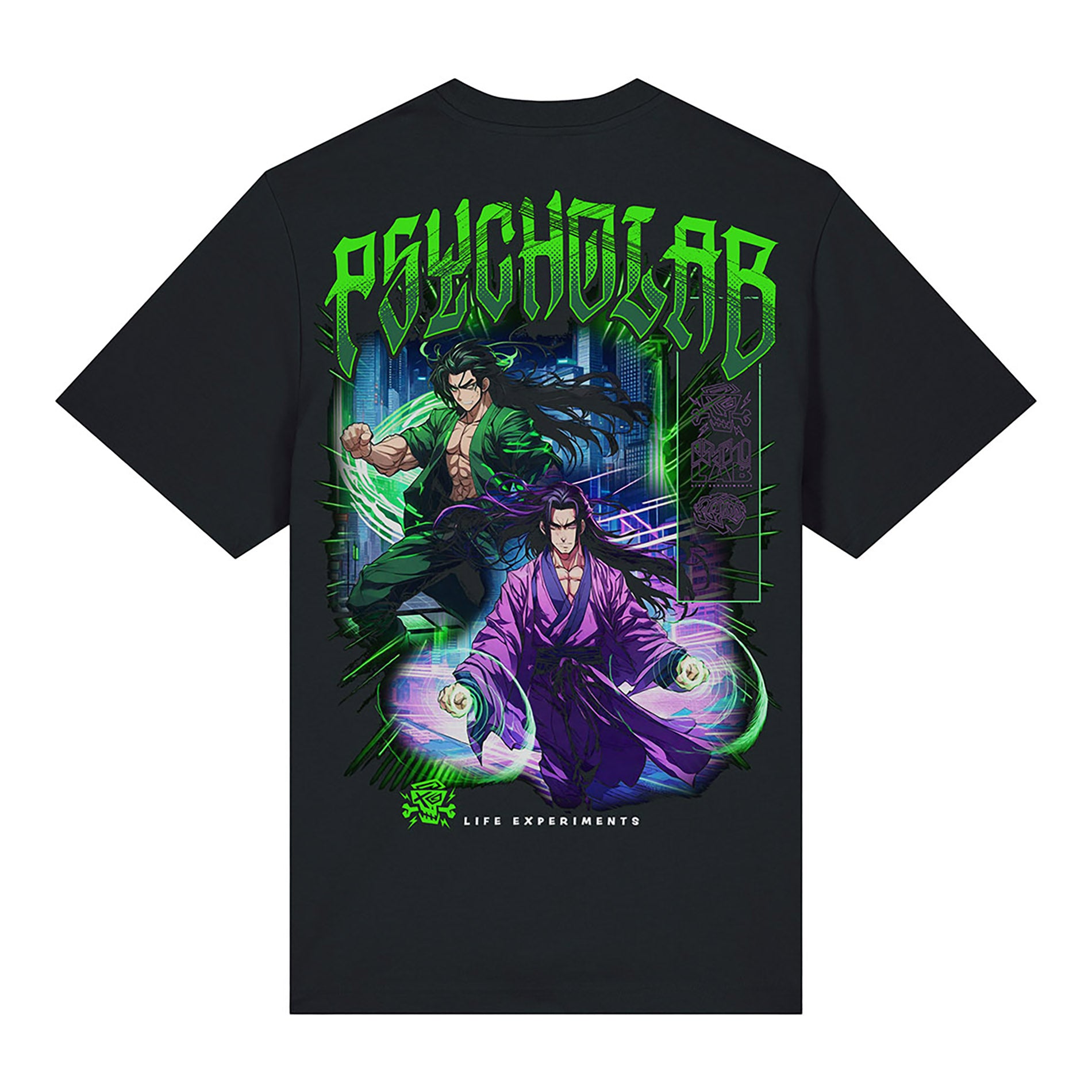 PsychoLab T-Shirt Legacy Schwarz Rückseite mit auffälligem Anime-Design in Grün und Lila