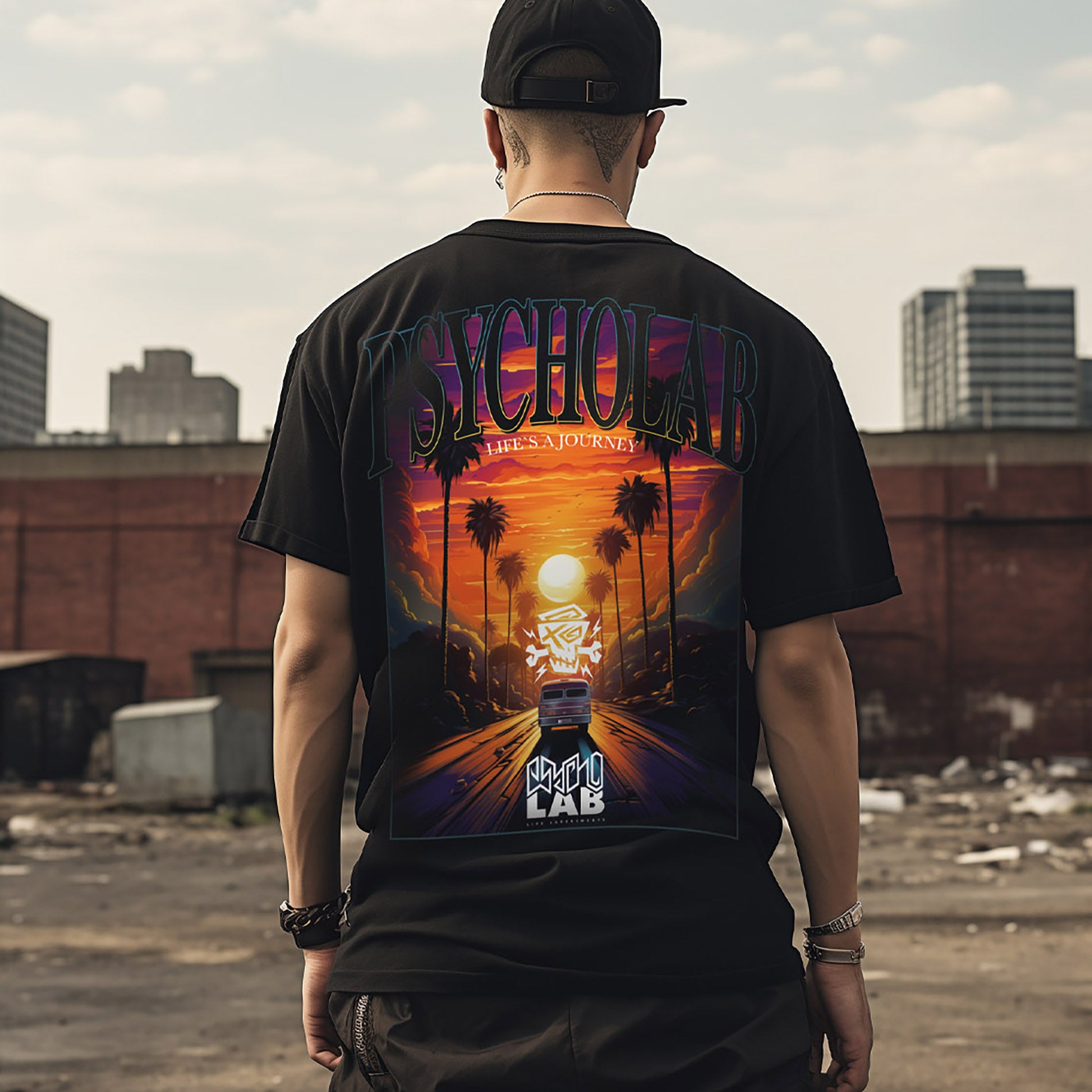 PsychoLab T-Shirt Journey Schwarz getragen mit auffälligem Rückseiten-Design im Sonnenuntergangsstil