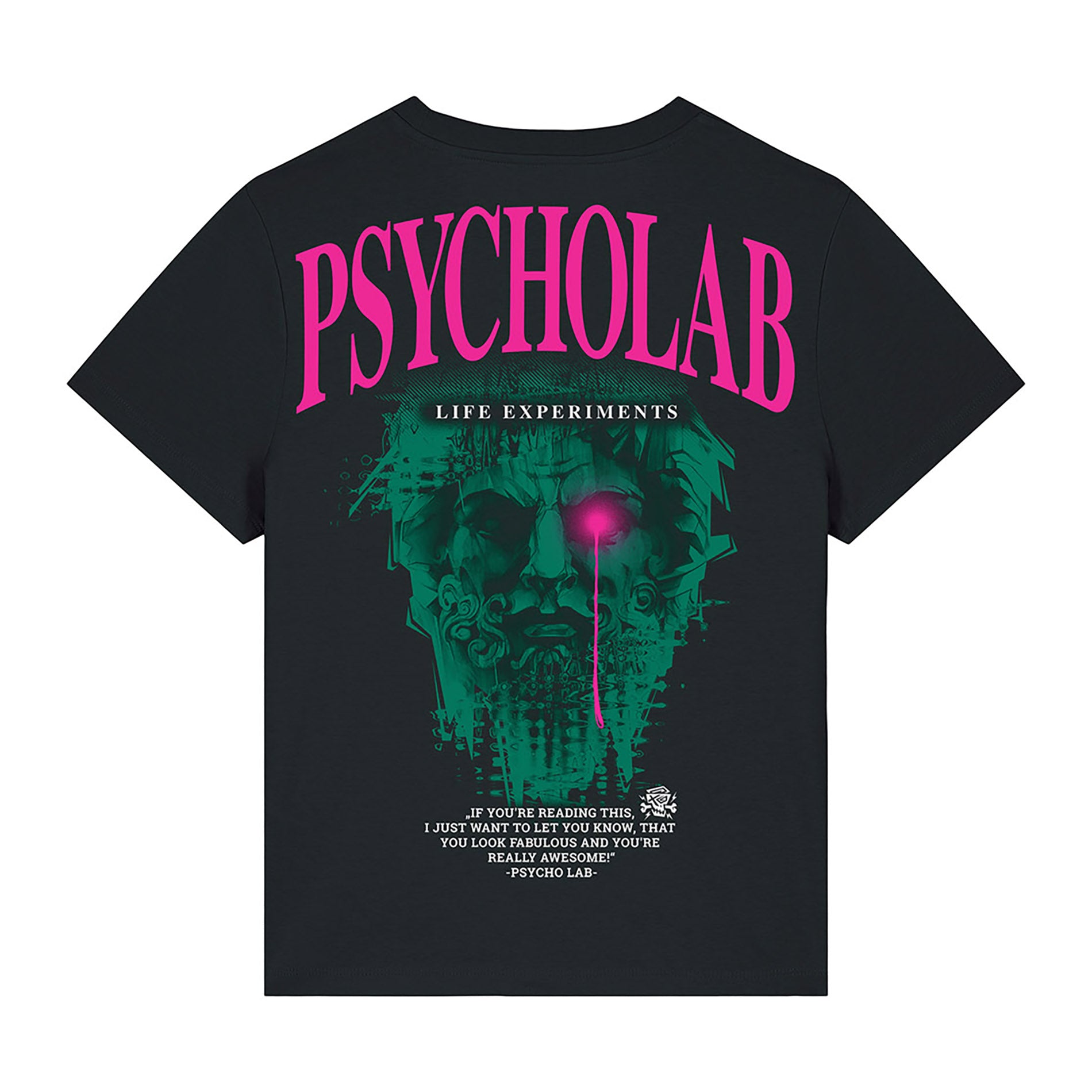 PsychoLab Women Shirt Knowledge Rückseite mit grünem und pinkem Grafikdruck und Text Schwarz Damenmode