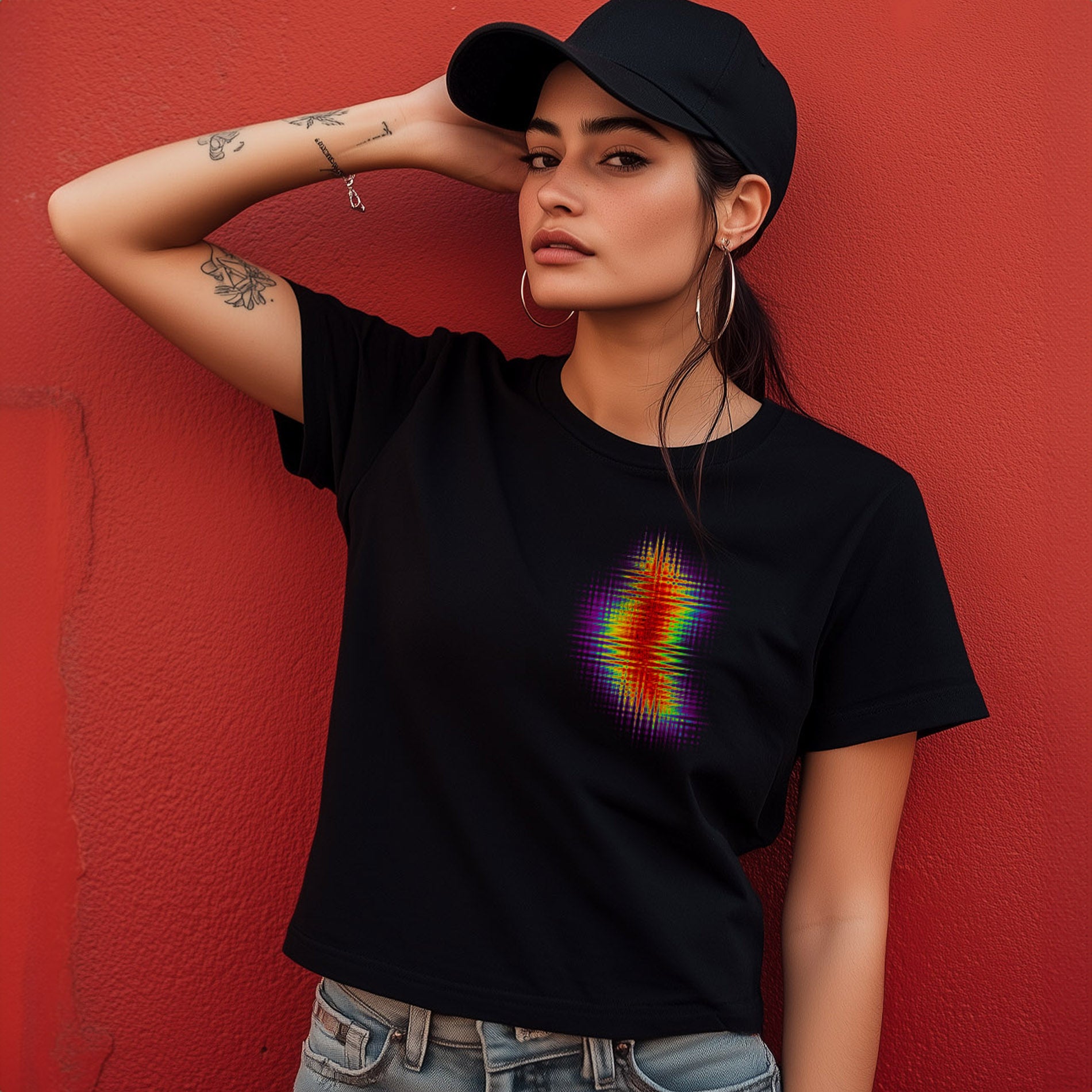 PsychoLab Damen T-Shirt Zone schwarz mit Regenbogen-Glitch-Design, getragen.