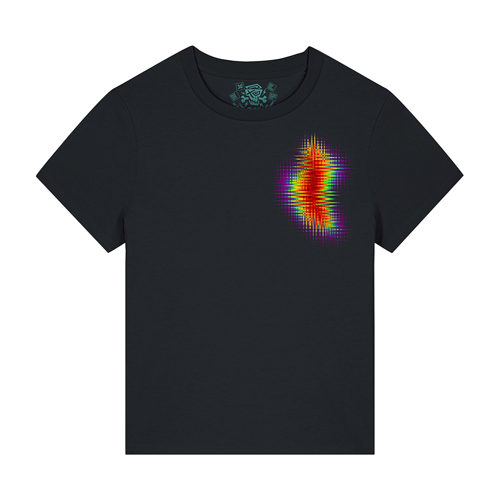 PsychoLab Damen T-Shirt Zone schwarz mit Regenbogen-Glitch-Design vorne, Streetwear.