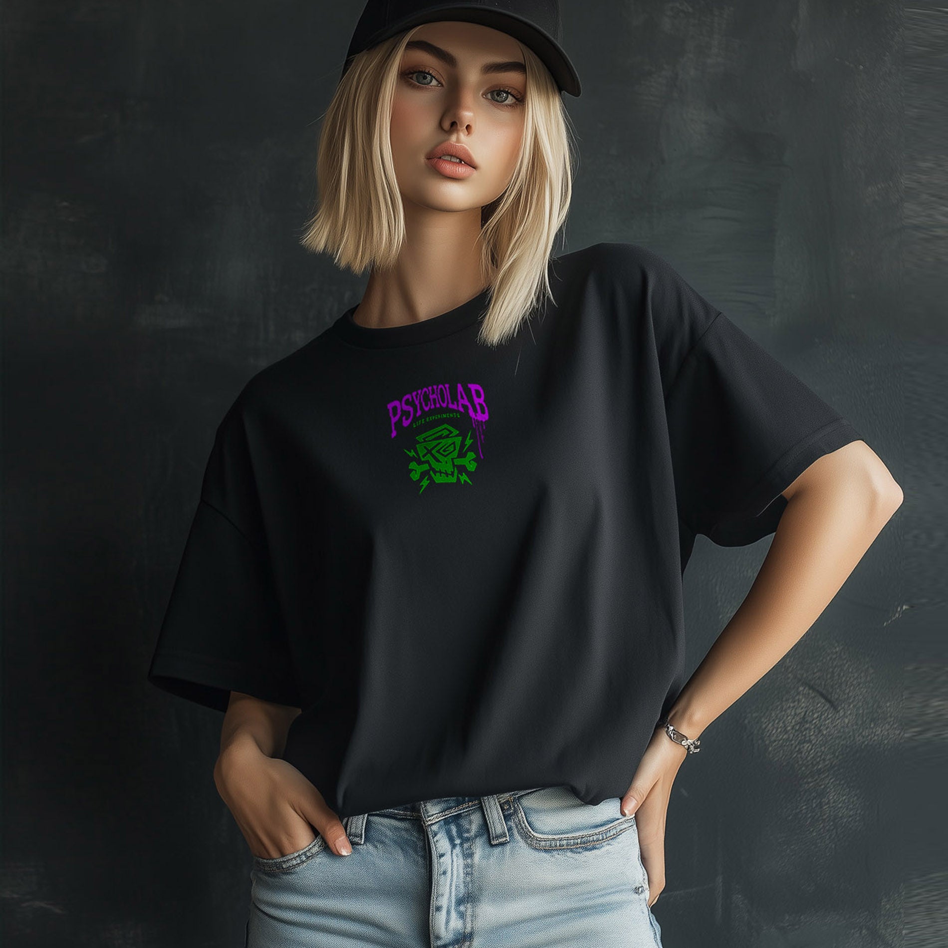 PsychoLab Women Shirt Experiments Schwarz mit kleinem lila Logo auf Model Damen Streetwear