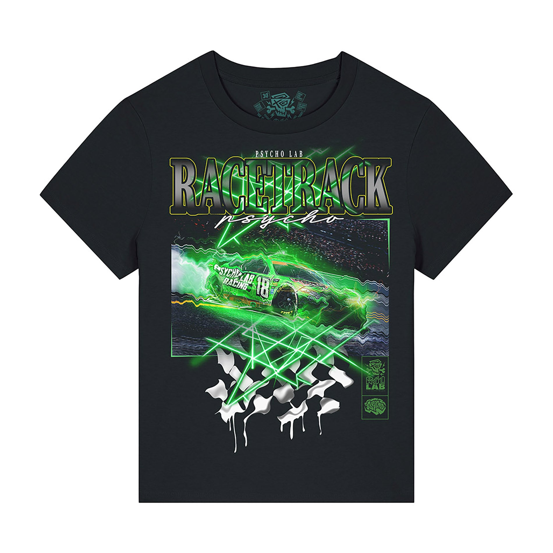 Design des Women's Shirt Racetrack von PsychoLab in Schwarz, mit auffälligem Rennstrecken-Print und urbanem minimalistischem Flair.
