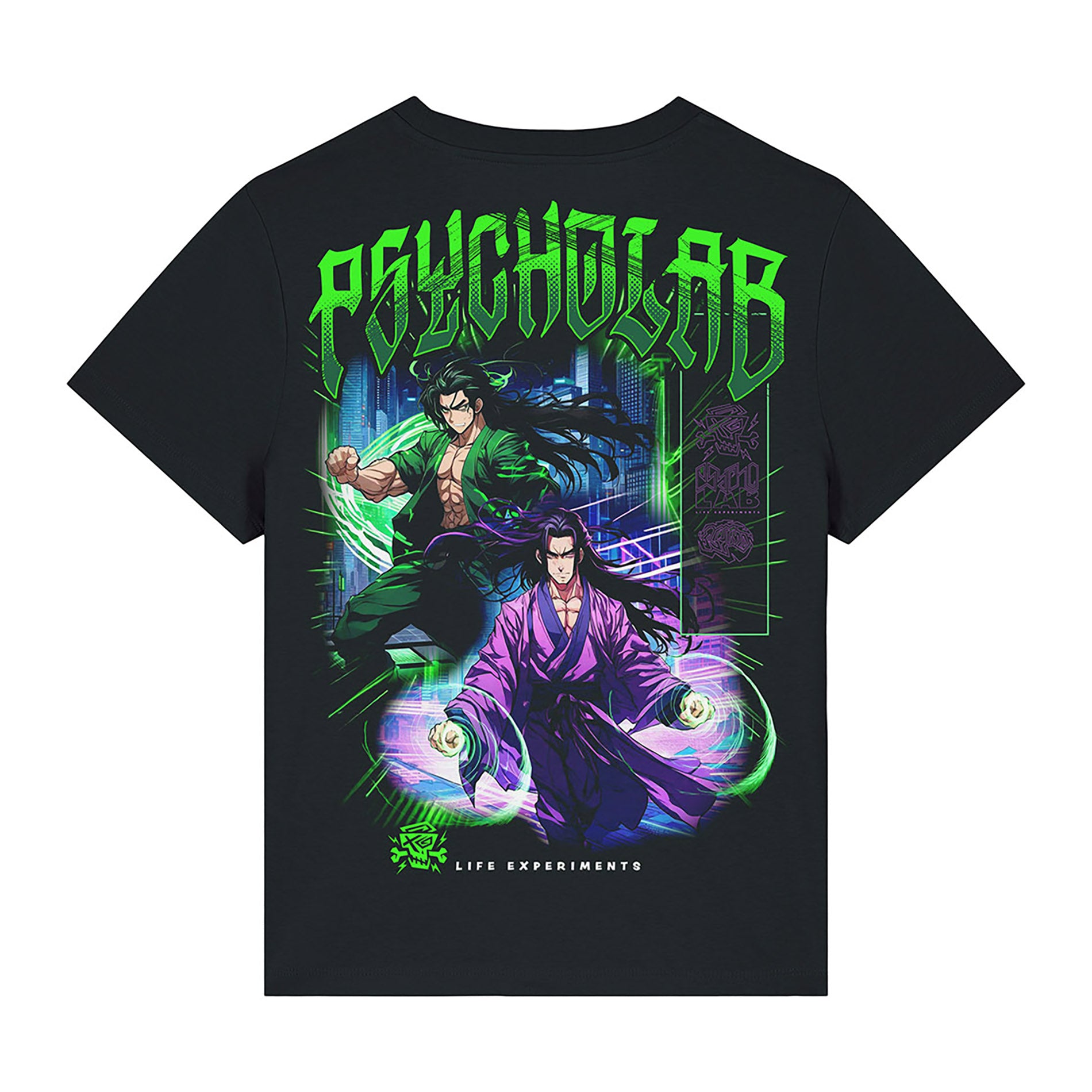 PsychoLab Women Shirt Legacy Rückseite mit Anime-Charakteren in Grün und Lila Schwarz Damenmode