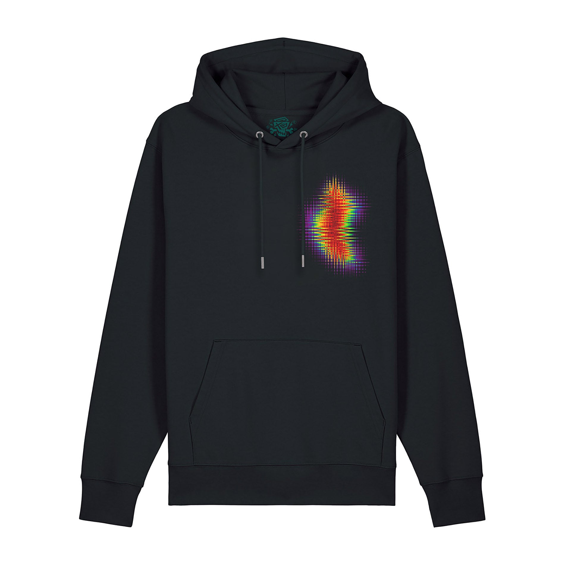 Schwarzer Hoodie mit buntem Lichtwellen-Design auf der Brust.