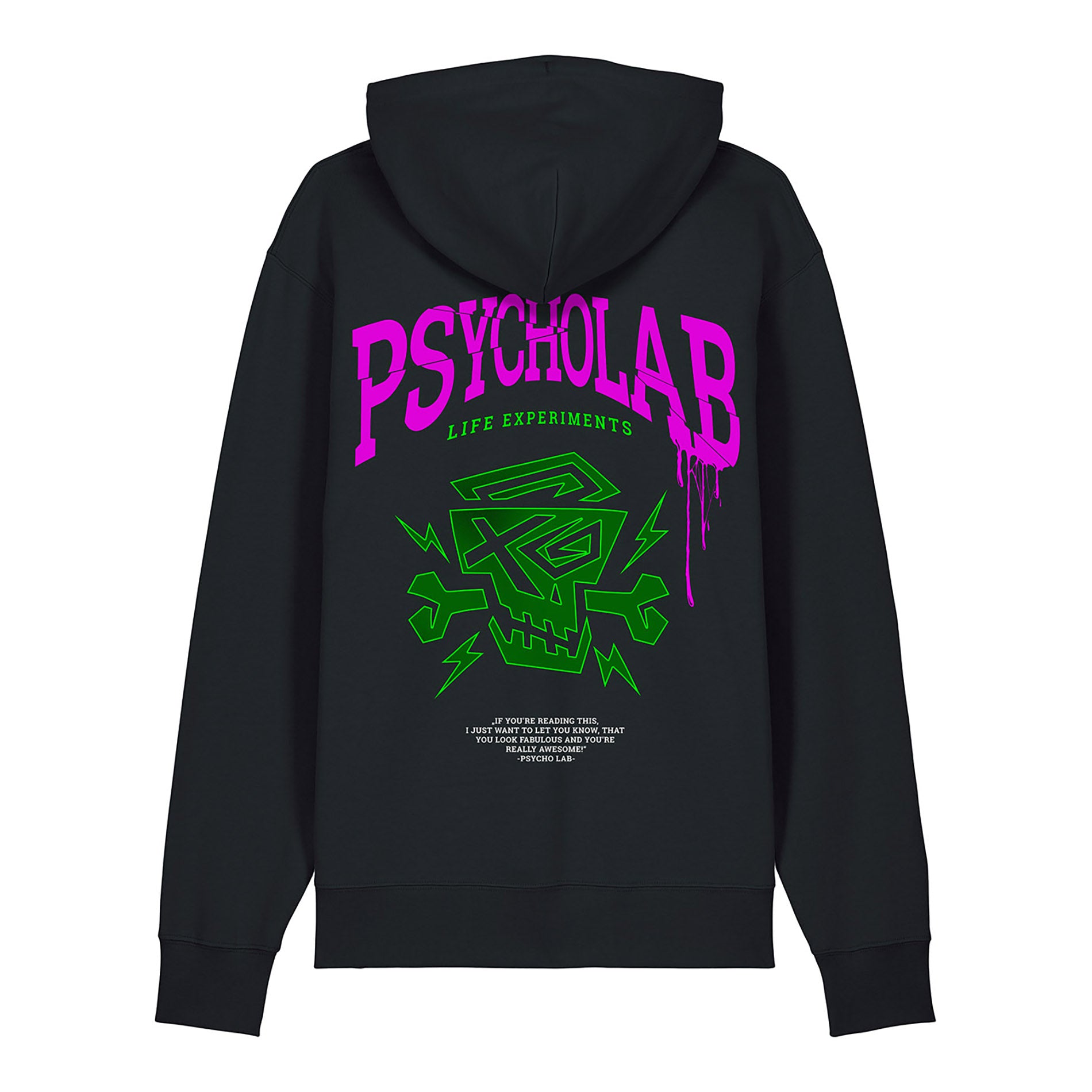 Schwarzer Hoodie mit großem PsychoLab-Logo und grünem Totenkopf-Print auf dem Rücken