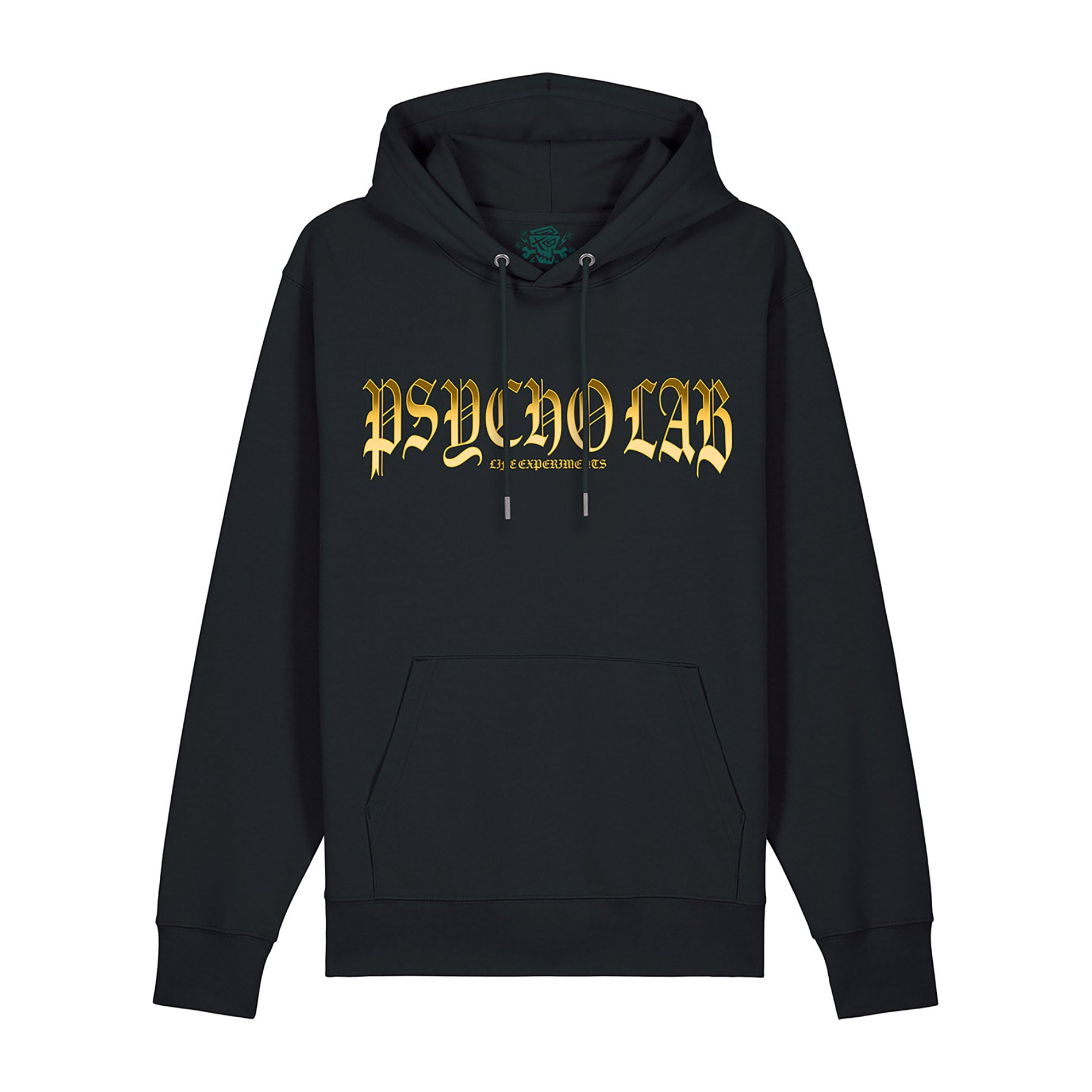 Schwarzer Hoodie mit goldenem PsychoLab-Schriftzug auf der Vorderseite.