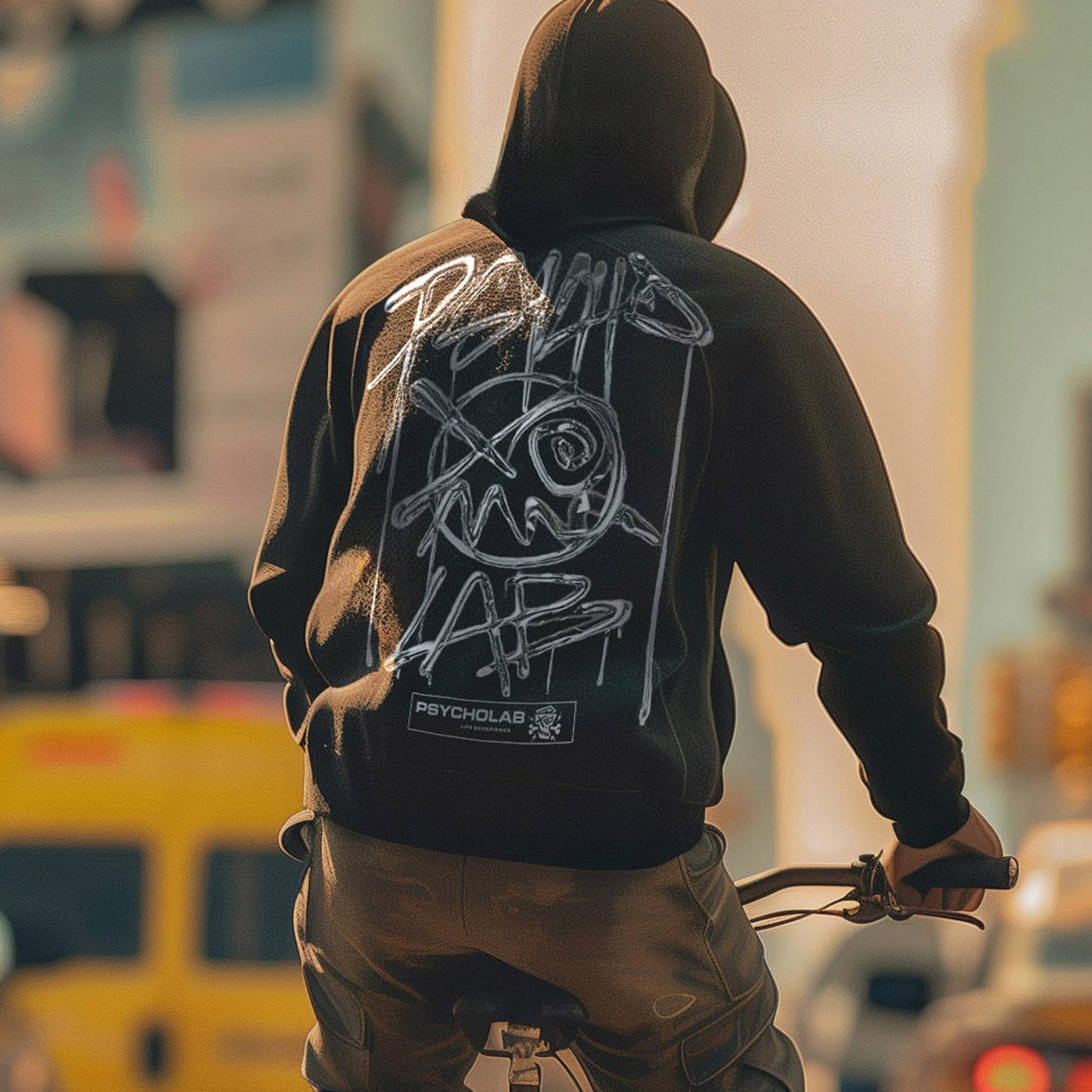 Model trägt PsychoLab Chrome Hoodie auf einem Fahrrad in urbaner Umgebung, reflektierendes Grafikdesign im Fokus