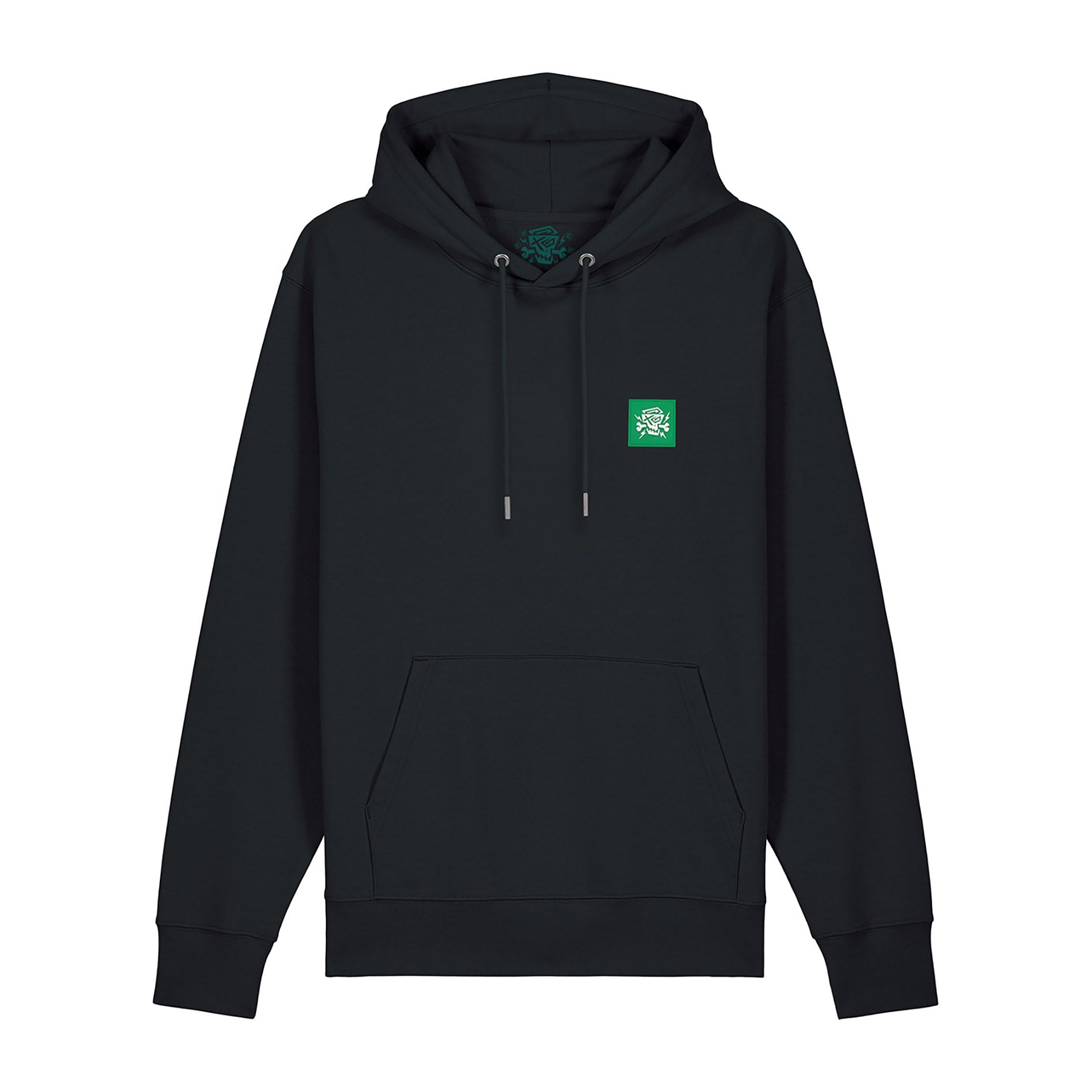 Schwarzer Hoodie mit grünem PsychoLab-Logo auf der Brust.