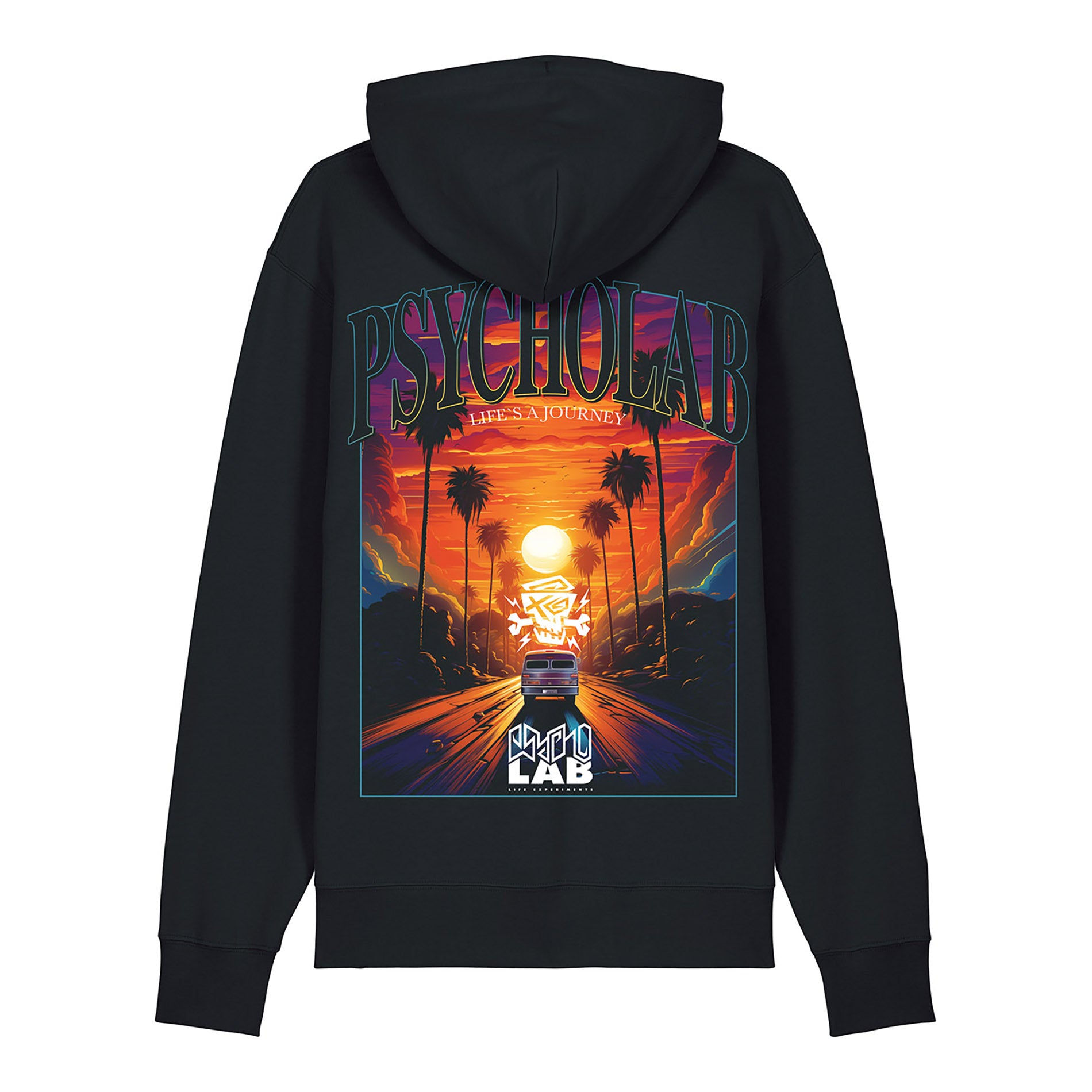 Schwarzer Hoodie mit farbigem Sonnenuntergang und Auto-Print, PsychoLab-Schriftzug auf dem Rücken