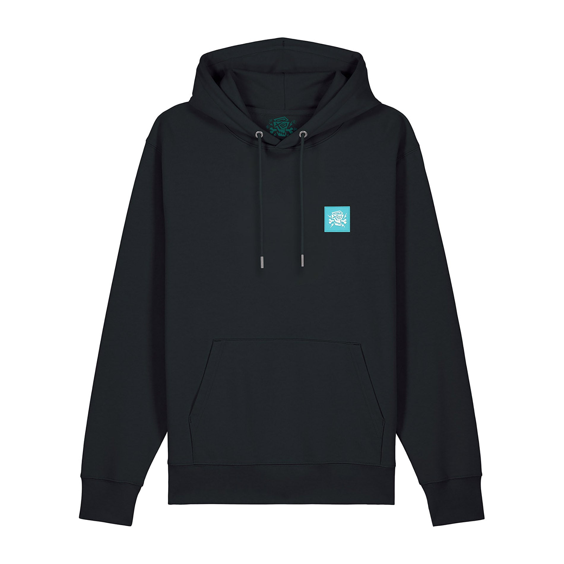 Schwarzer Hoodie mit blauem PsychoLab-Logo auf der Brust.