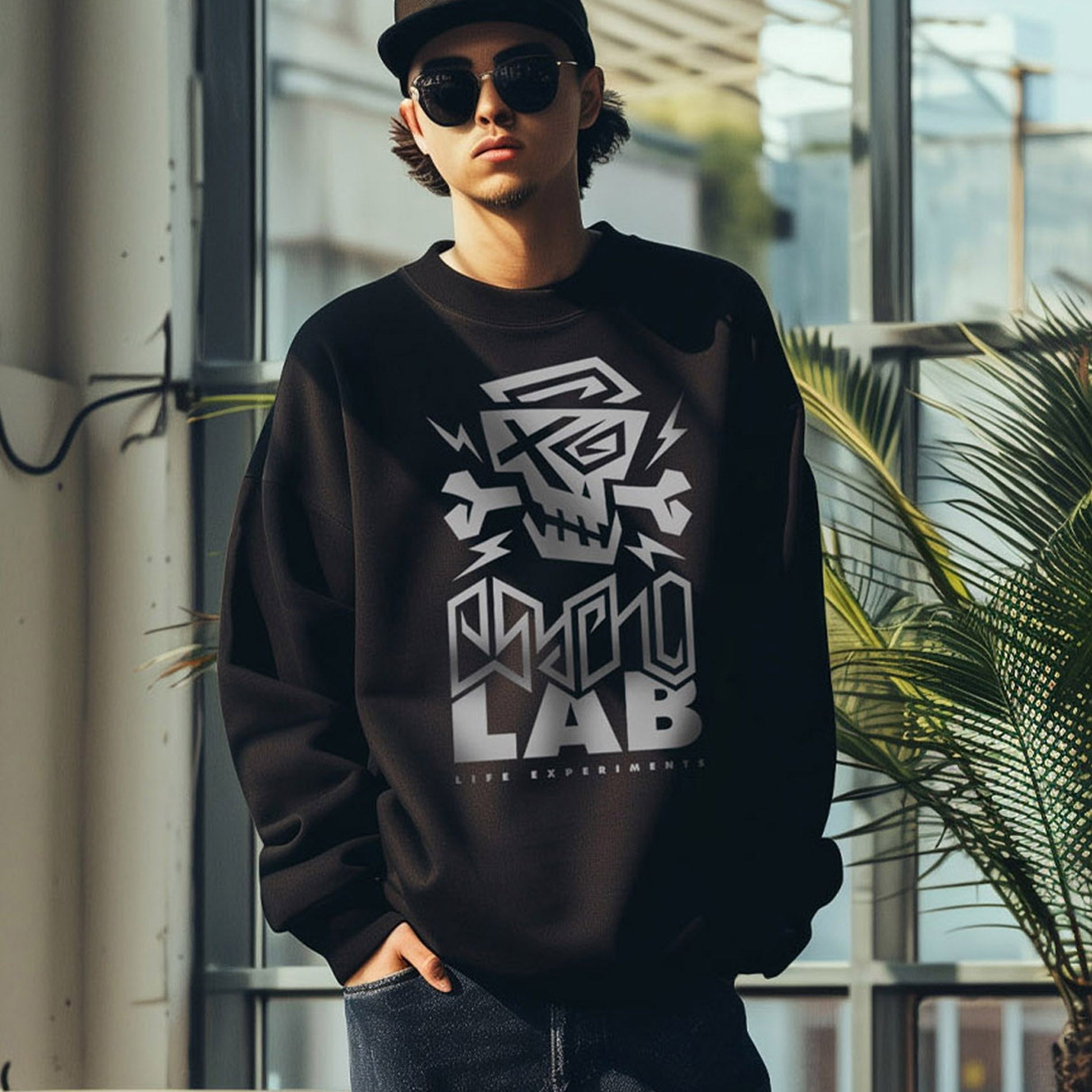 Schwarzes PsychoLab Sweatshirt mit großem Logo getragen von Model – lässiger und Streetwear Style