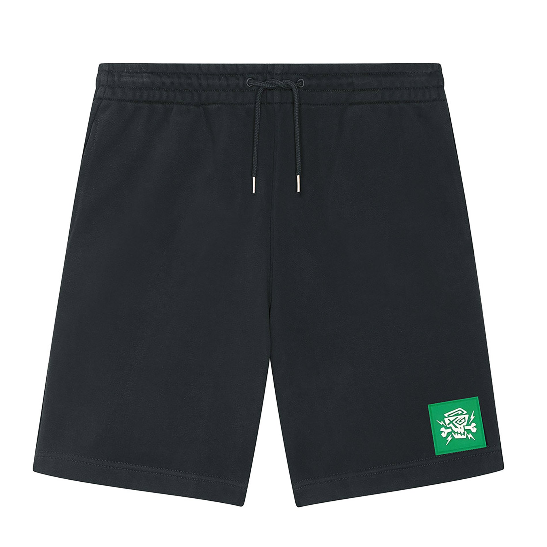 Schwarze PsychoLab Shorts mit grünem Logo Vorderansicht – urbaner Streetwear-Look