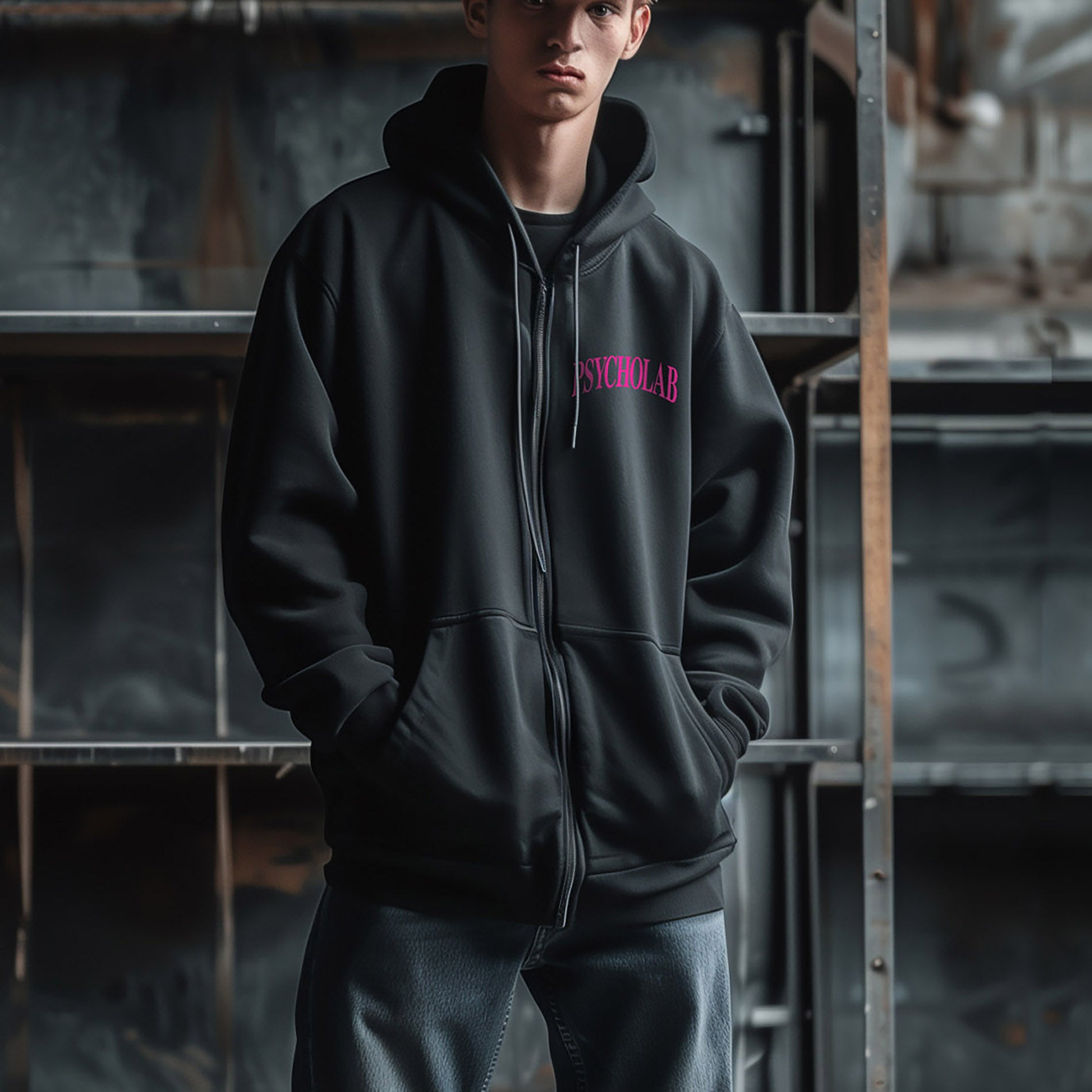 Mann trägt PsychoLab Zip Hoodie in Schwarz mit pinkem Logo im Streetwear look