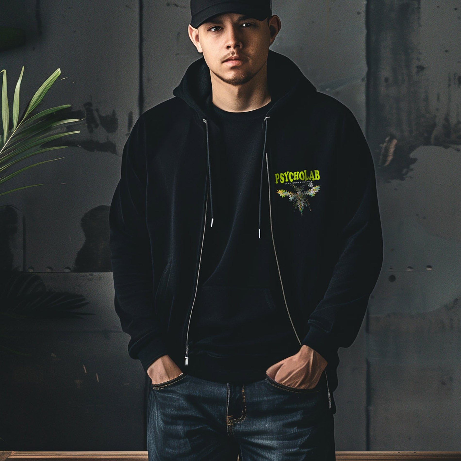 PsychoLab Zip Hoodie Anamorphic schwarz mit PsychoLab-Logo, getragen