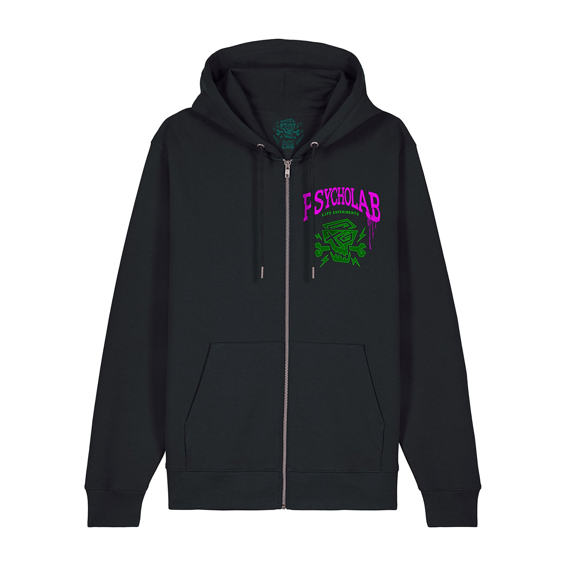 PsychoLab Zip Hoodie Experiments in Schwarz mit pink-grünem Logo auf der Vorderseite