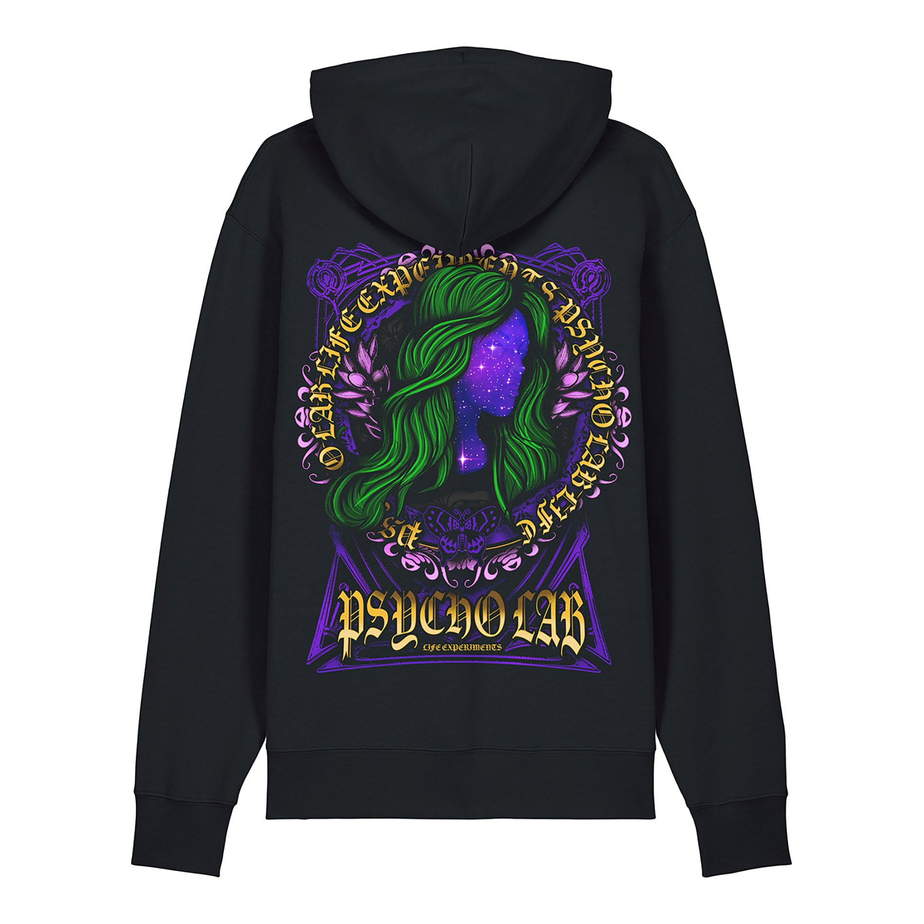 PsychoLab Zip Hoodie Galaxy in Schwarz mit grün-violettem Galaxie-Design auf der Rückseite