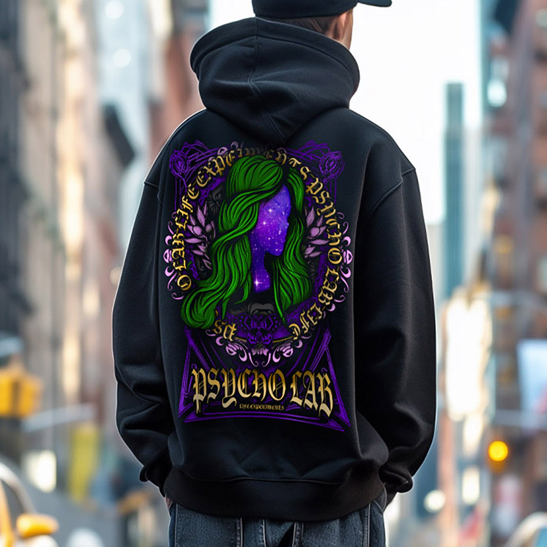 PsychoLab Zip Hoodie Galaxy getragen, grün-violettes Galaxie-Design auf der Rückseite