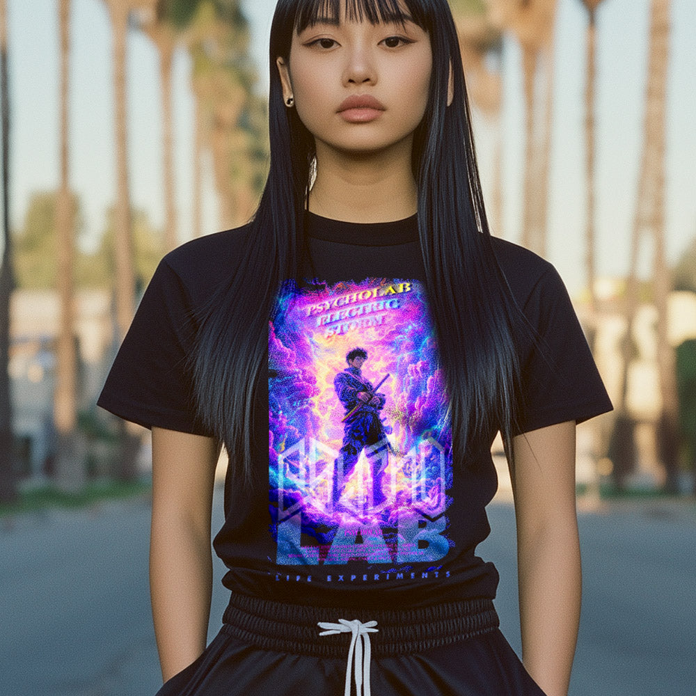 Weibliches Model trägt das Women's Shirt Electric Storm Black von PsychoLab, mit einem cineastischen Poster-Print in lebhaften Farben vor einer urbanen Kulisse. Dieses Shirt kombiniert Streetwear-Stil mit Future-Vibes und zeigt den Chicken-Stil des Designs.