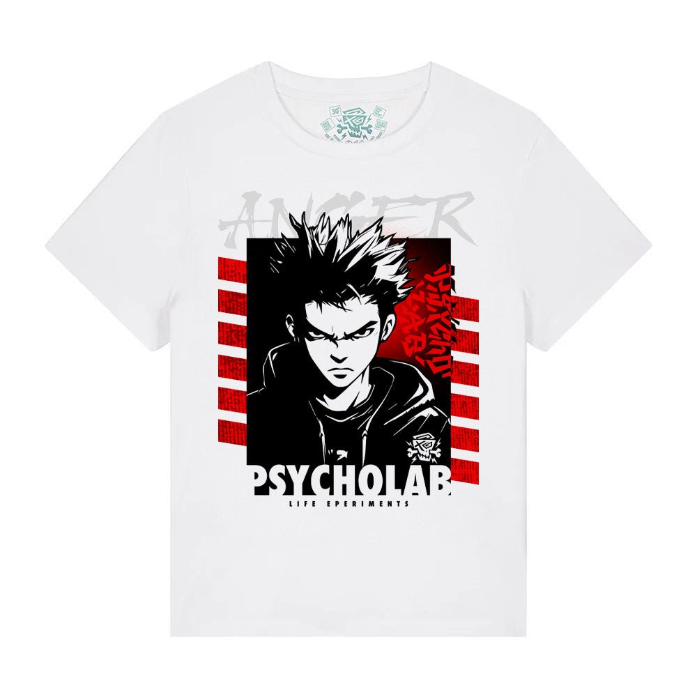 Detailaufnahme des Women Shirt Mad White von PsychoLab, featuring den auffälligen „Mad“-Print auf weißem Baumwollstoff.